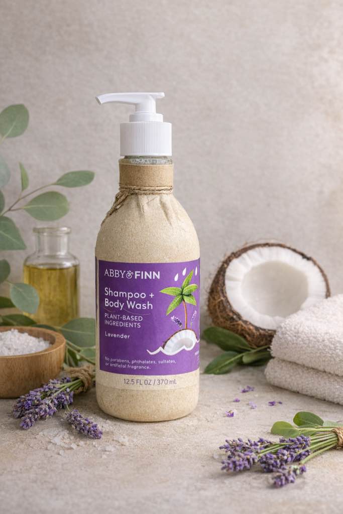 Natural Shampoo + Body Wash by ABBY&FINN, Fragrance Free, NO SULFATES, Gentle 2-in-1, Unscented, For Sensitive Skin & Soft Skin, Tear-Free, Plant-Based Ingredients