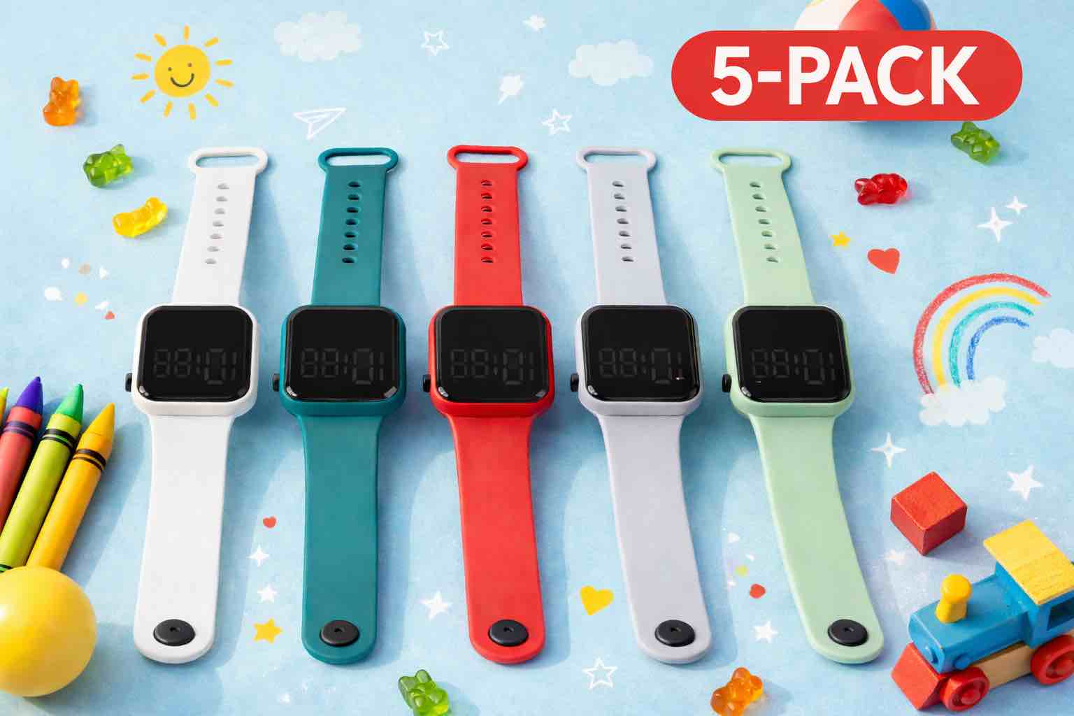 Colorful kids play smartwatches in a fun 5-pack, perfect for imaginative play, learning time, and everyday adventures.