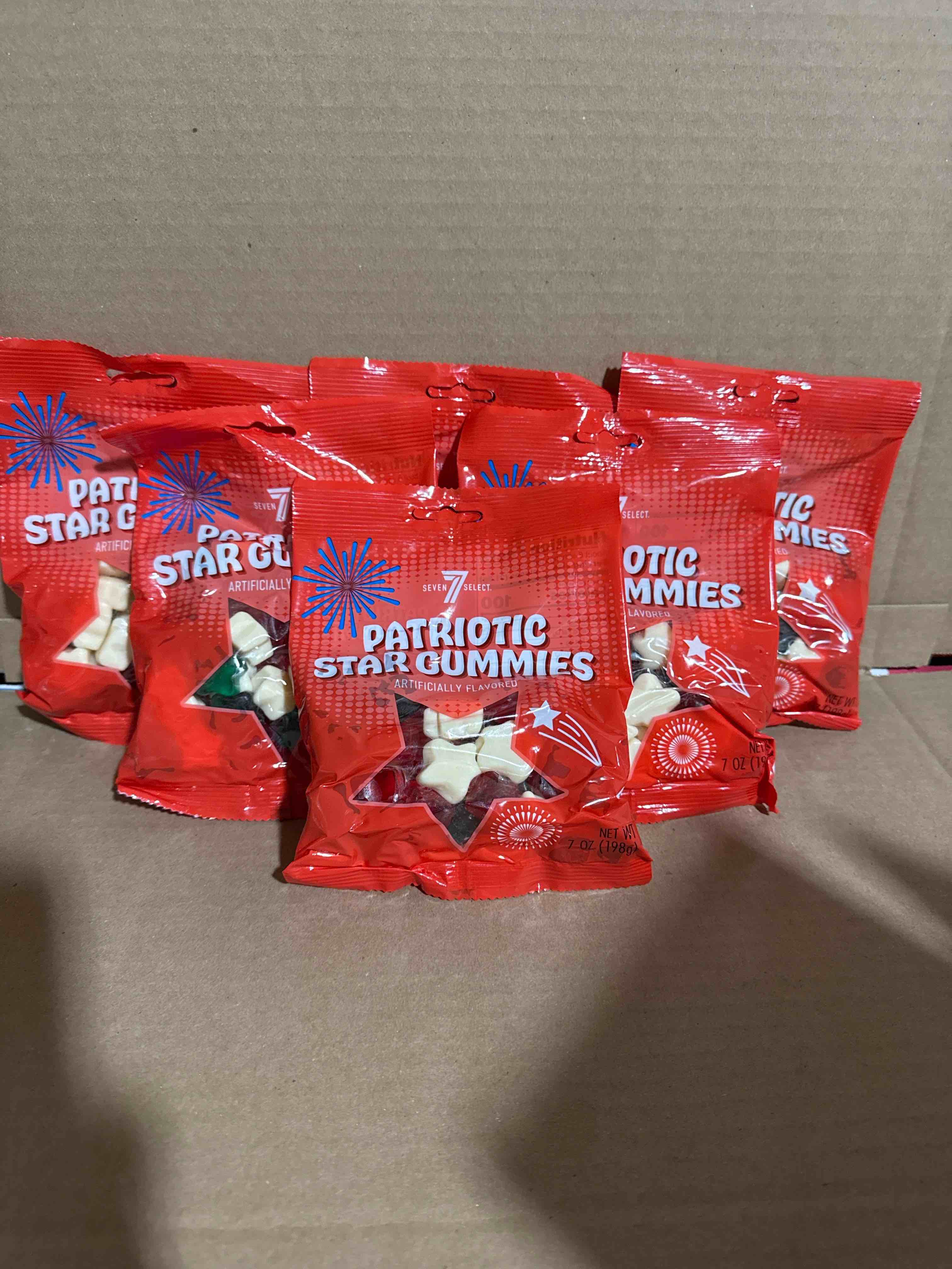 Condition photo showing New/Like New for case of 6 Seven Select Patriotic Star Gummies 7oz BB 9.01.2025