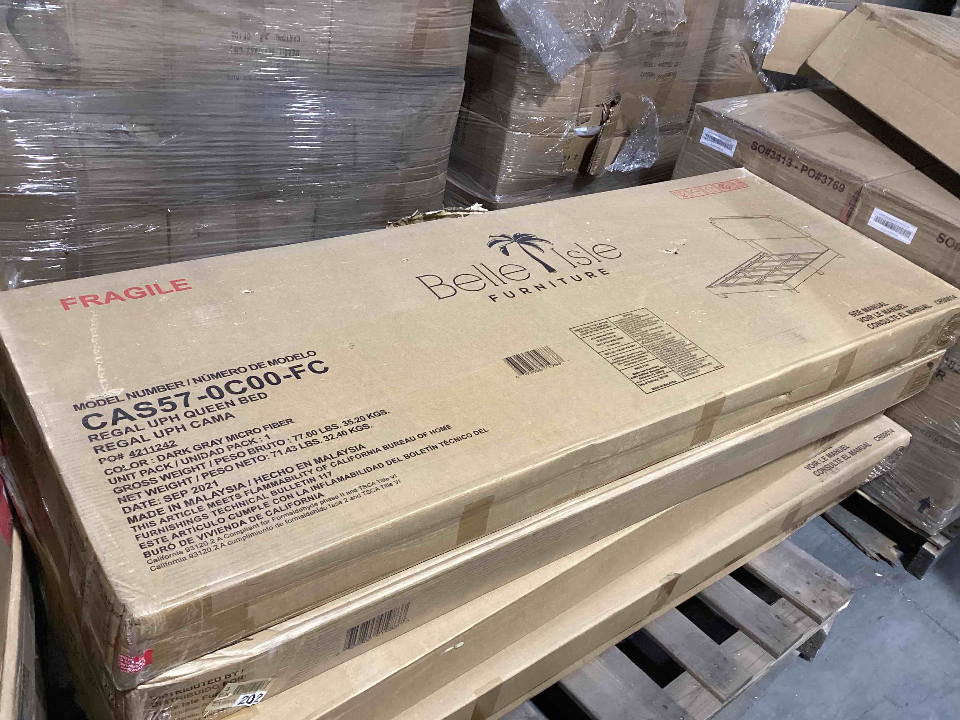 Condition photo showing New/Like New for Brand New Complete Regal Upholstered Queen Bed with Nail Trim Headboard - Dark Gray Micro Fiber 