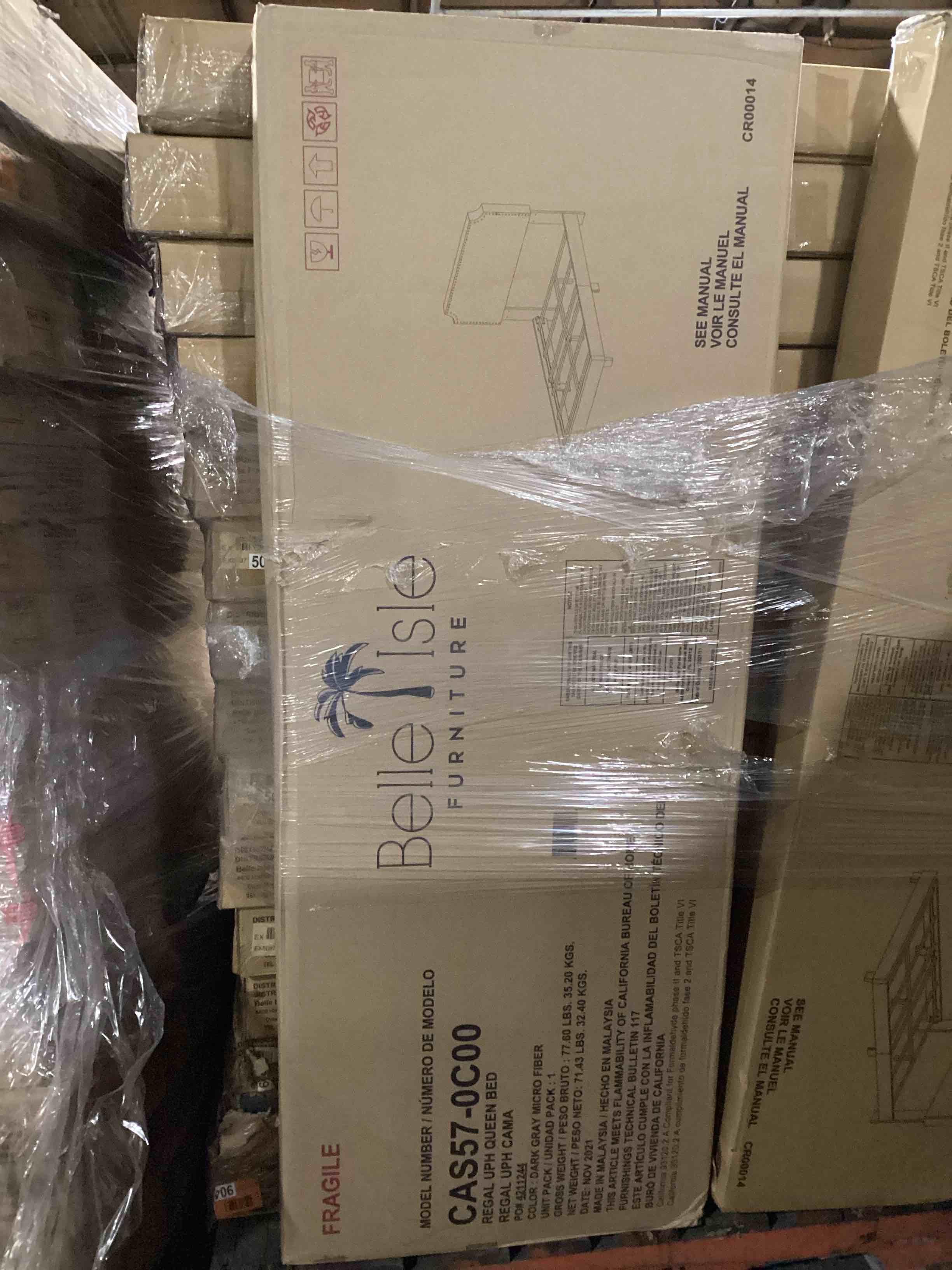 Condition photo showing New/Like New for Brand New Complete Belle Isle Furniture Regal Queen Size Upholstered Bed with Nail Trim - Dark Gray Micro Fiber