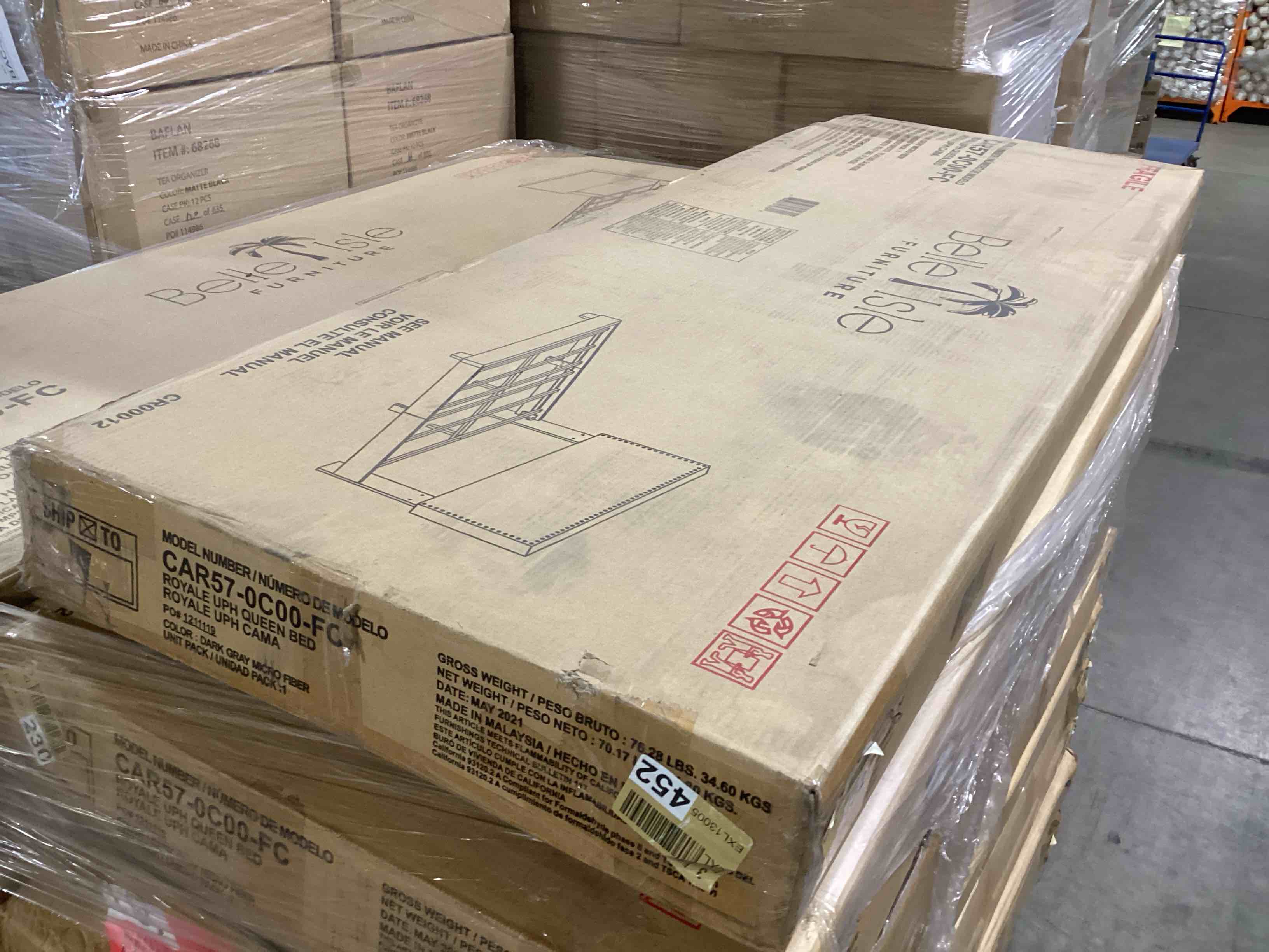 Condition photo showing New/Like New for Brand New Complete Belle Isle Furniture Royale Queen Upholstered Platform Bed with Nail Trim - Dark Gray Micro Fiber 