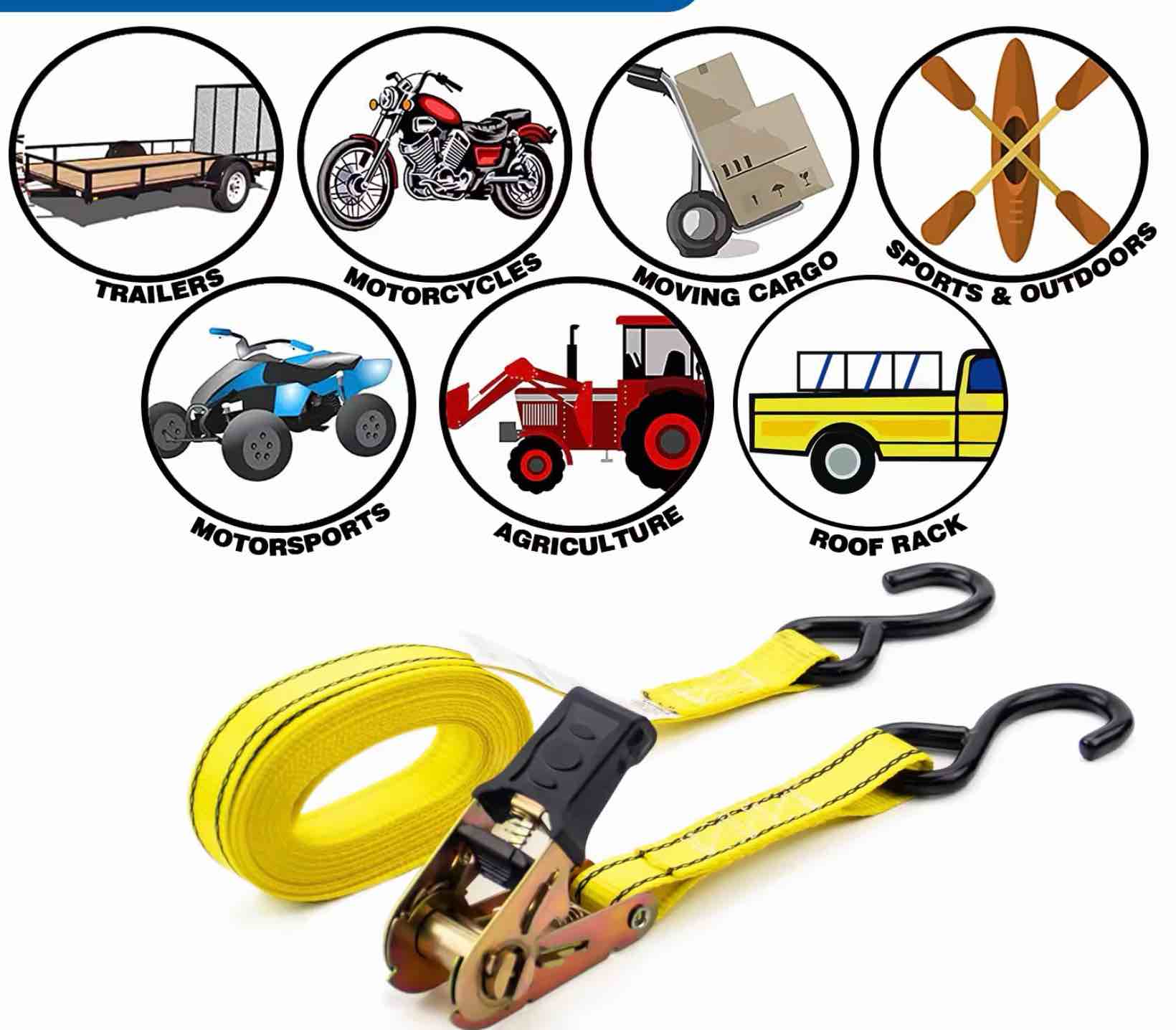 case pack pf 8, 1” KingRoy Retractable Automatic Ratchet Tie Down Set Straps,2pack  15ft x500Lbs