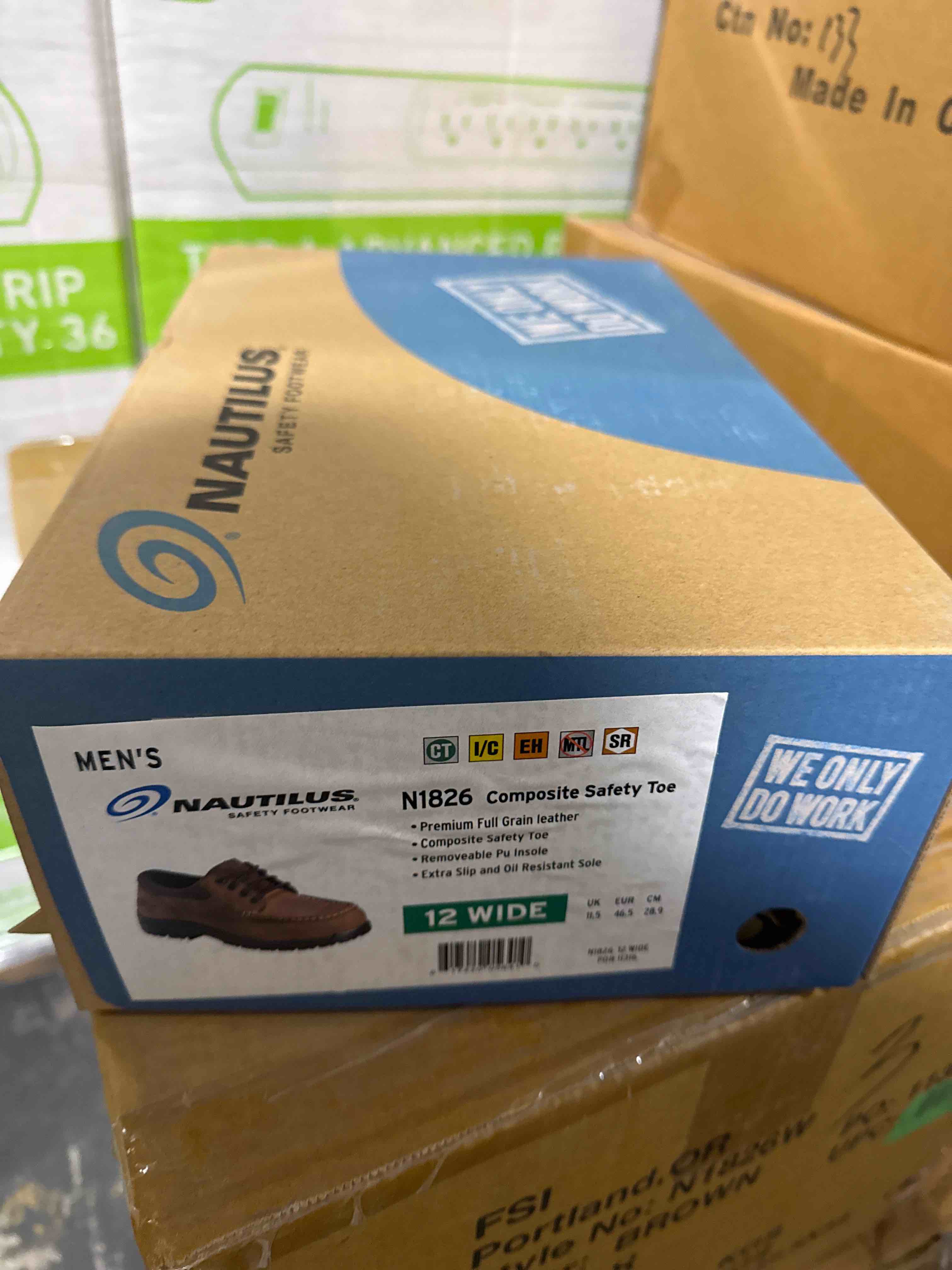 Condition photo showing New/Like New for nautilus 1826 slip resistant comp toe no exposed metal eh moc toe oxford,brown,12 w us