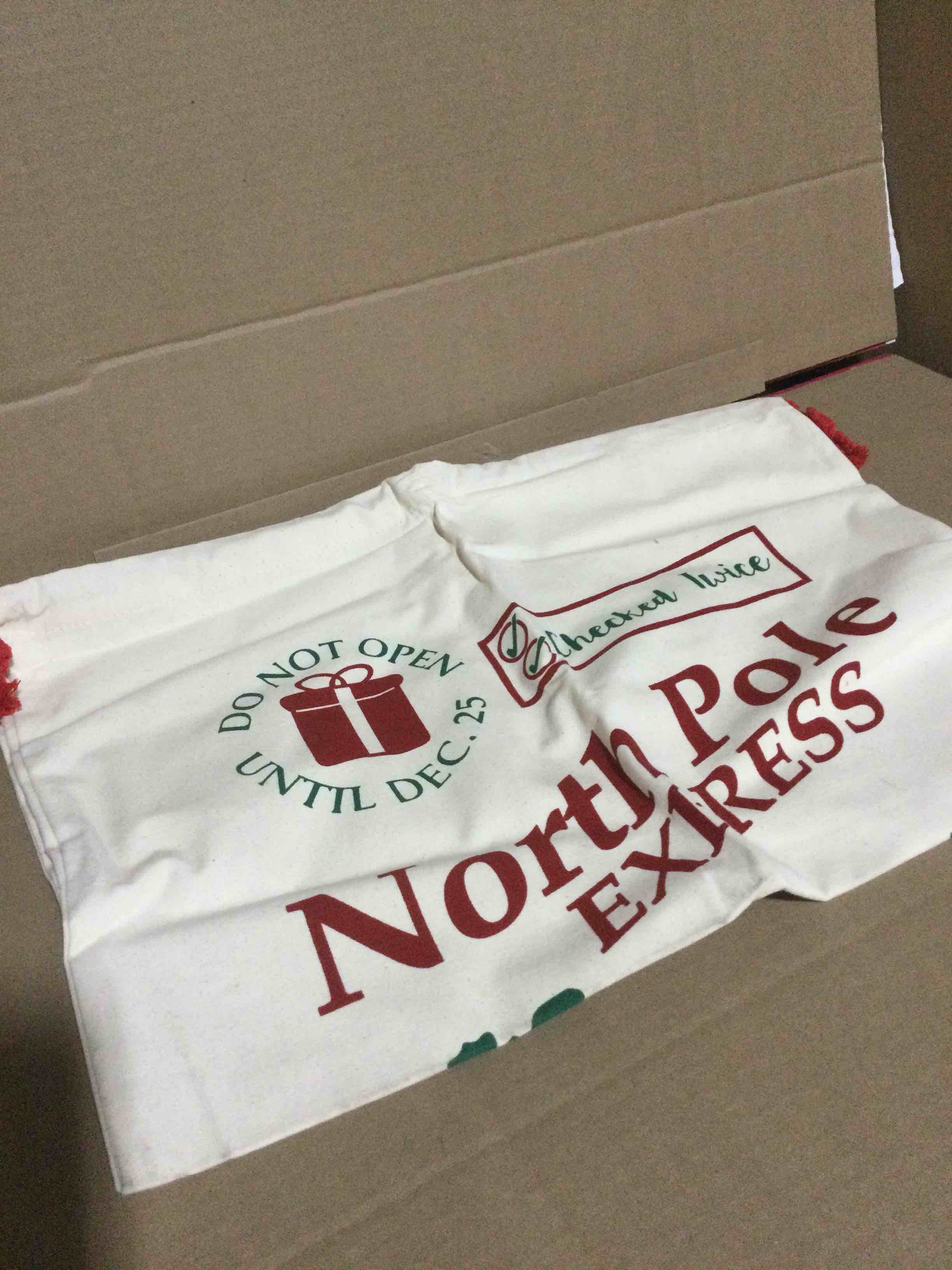 Condition photo showing item condition for Personality Case™ 19" x 26" Check Twice Cotton Christmas Drawstring Bag