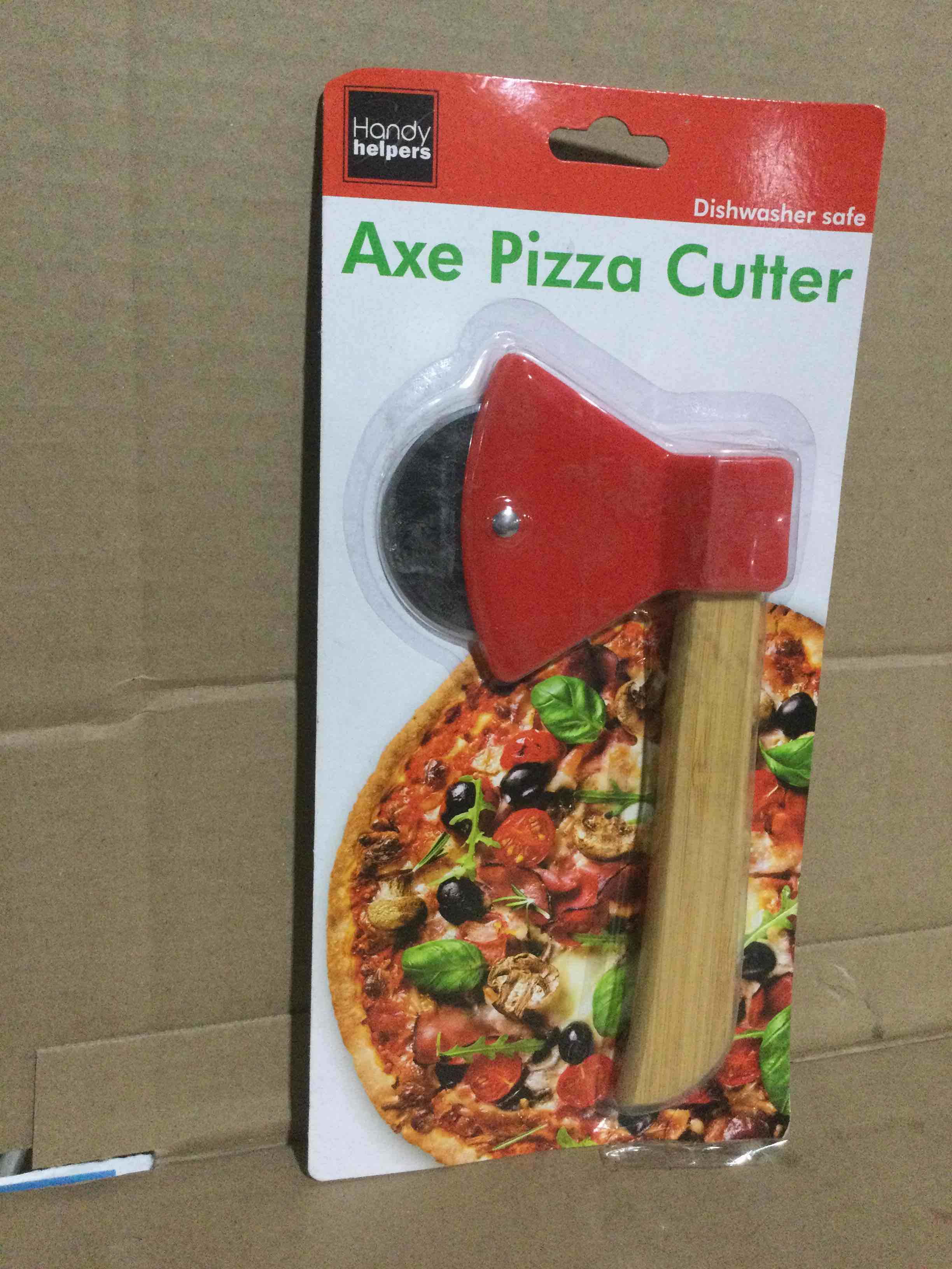 Condition photo showing New/Like New for bulk buys OS249 Kitchen Essentials Axe Pizza Cutter  8.25   Brown/Red/Silver
