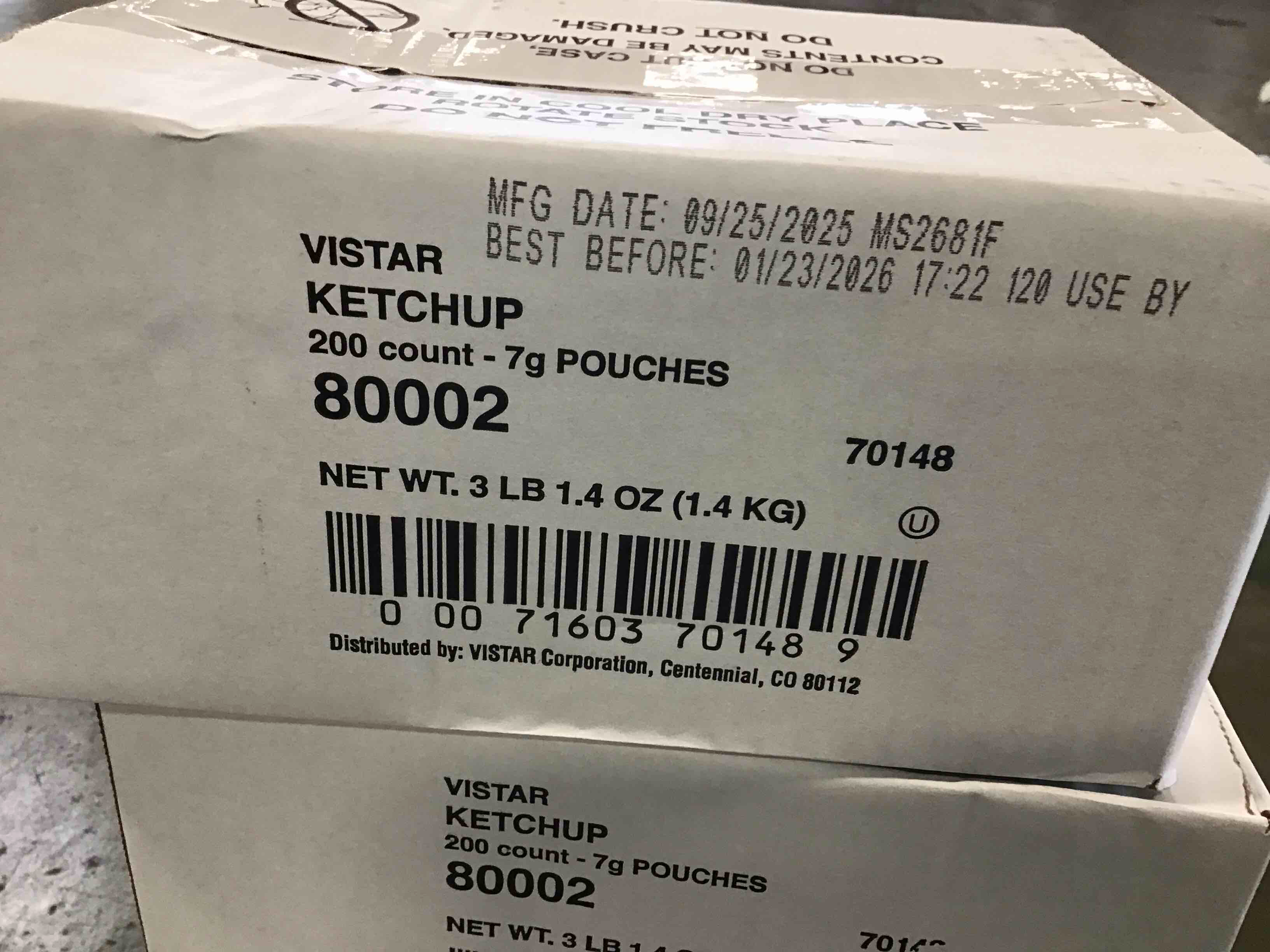 Condition photo showing New/Like New for Vistar Condiment Packets, Ketchup,  Count- 7g pouches Packet, 200/Carton (best by 01/23/2026)