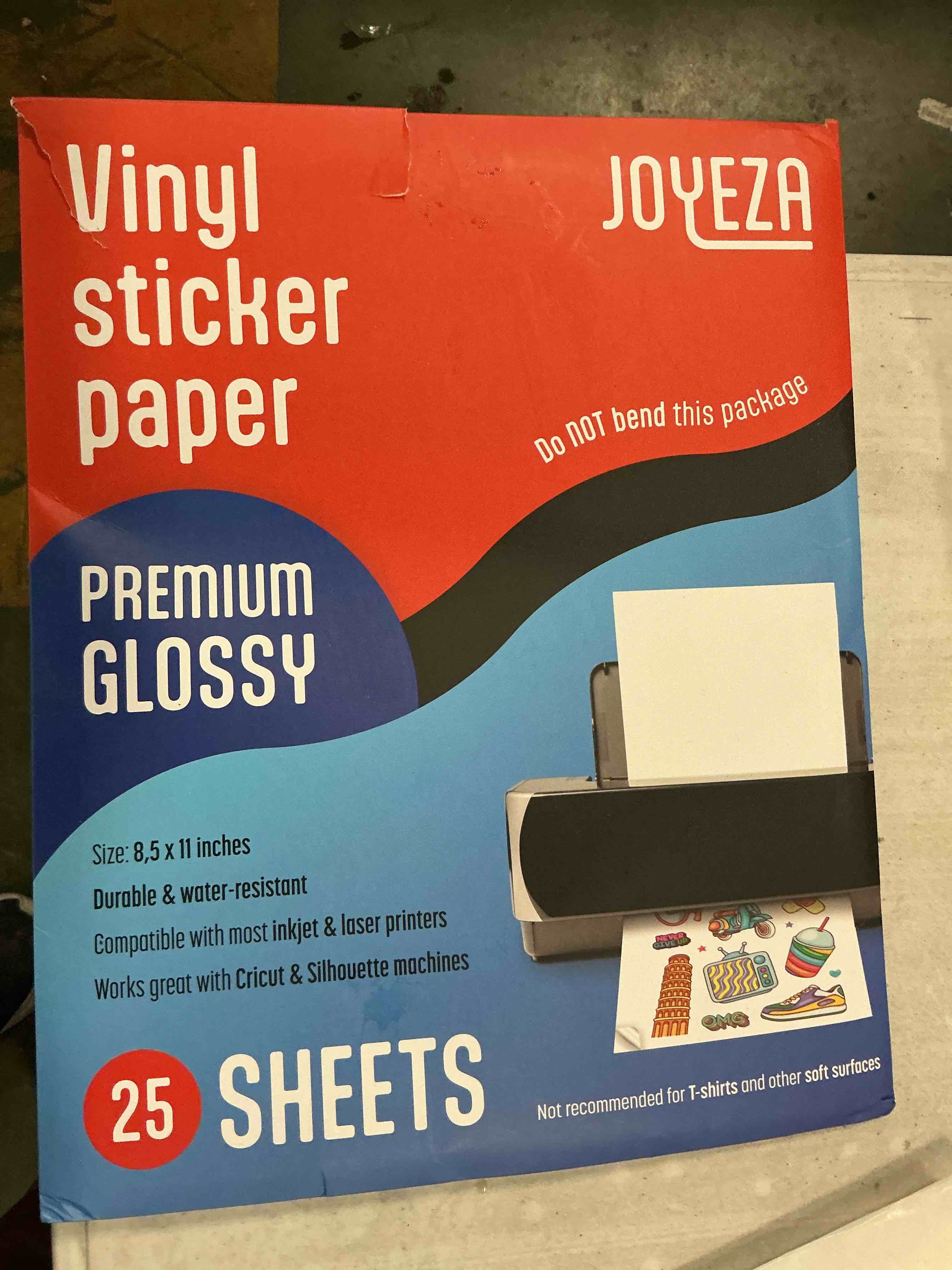 Condition photo showing Good Condition for JOYEZA Premium Printable Vinyl Sticker Paper for Inkjet Printer - 25 Sheets Glossy White Waterproof, Dries Quickly Vivid Colors, Holds Ink Well - Inkjet & Laser Printer 25 Pack - Glossy