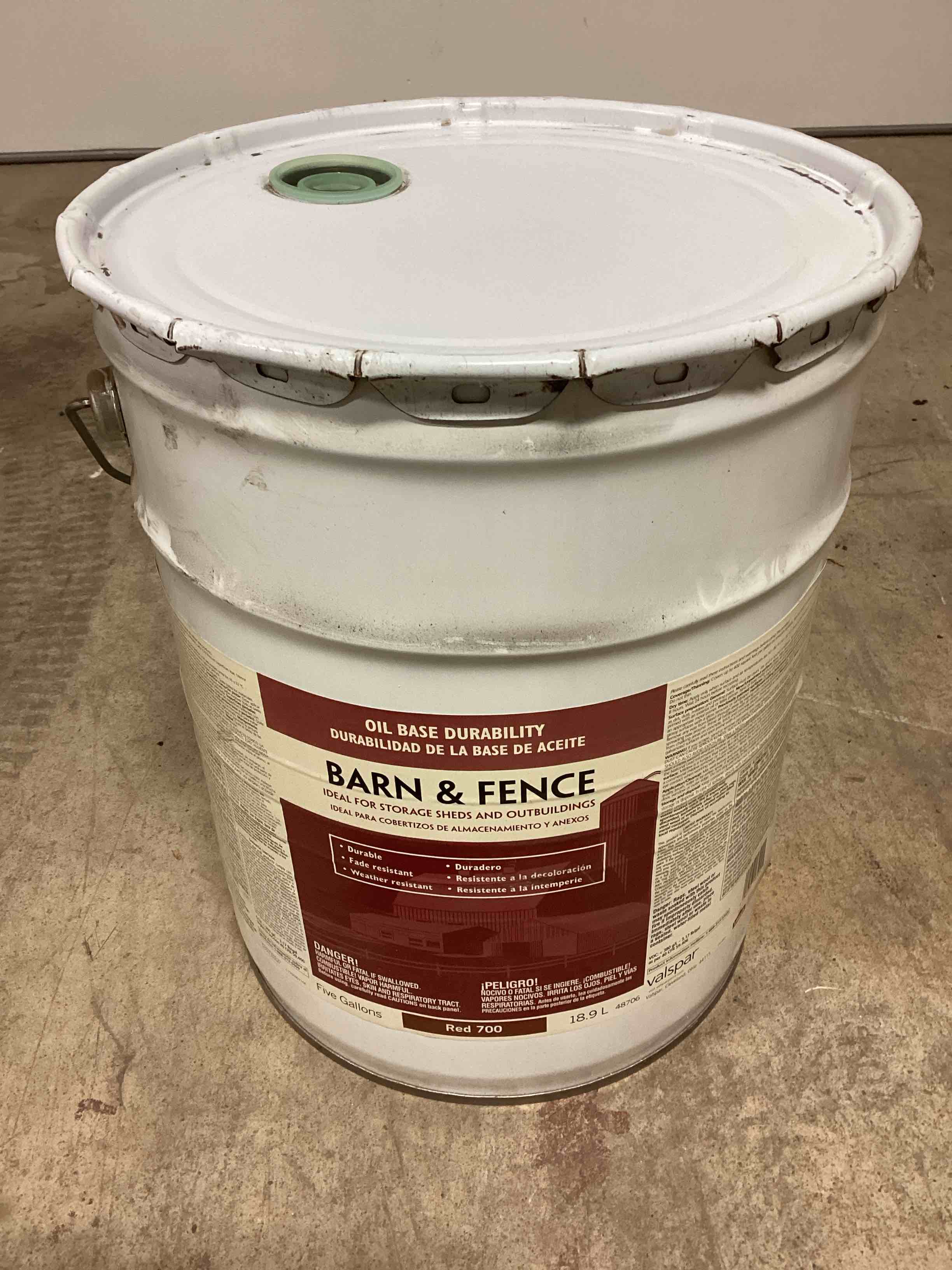 Condition photo showing New/Like New for Valspar 5 Gallon Red Barn And Fence Gloss Oil Based Exterior Paint - Red700