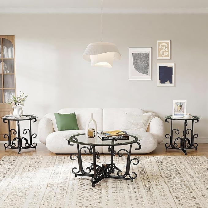 Condition photo showing New/Like New for KEIKI 3 Piece Round Coffee Table Set with Tempered Glass & Metal Frame – Modern Living Room Tables, Scratch-Resistant, Space-Saving 1 Coffee Table + 2 End Tables for Apartments & Small Space, Black