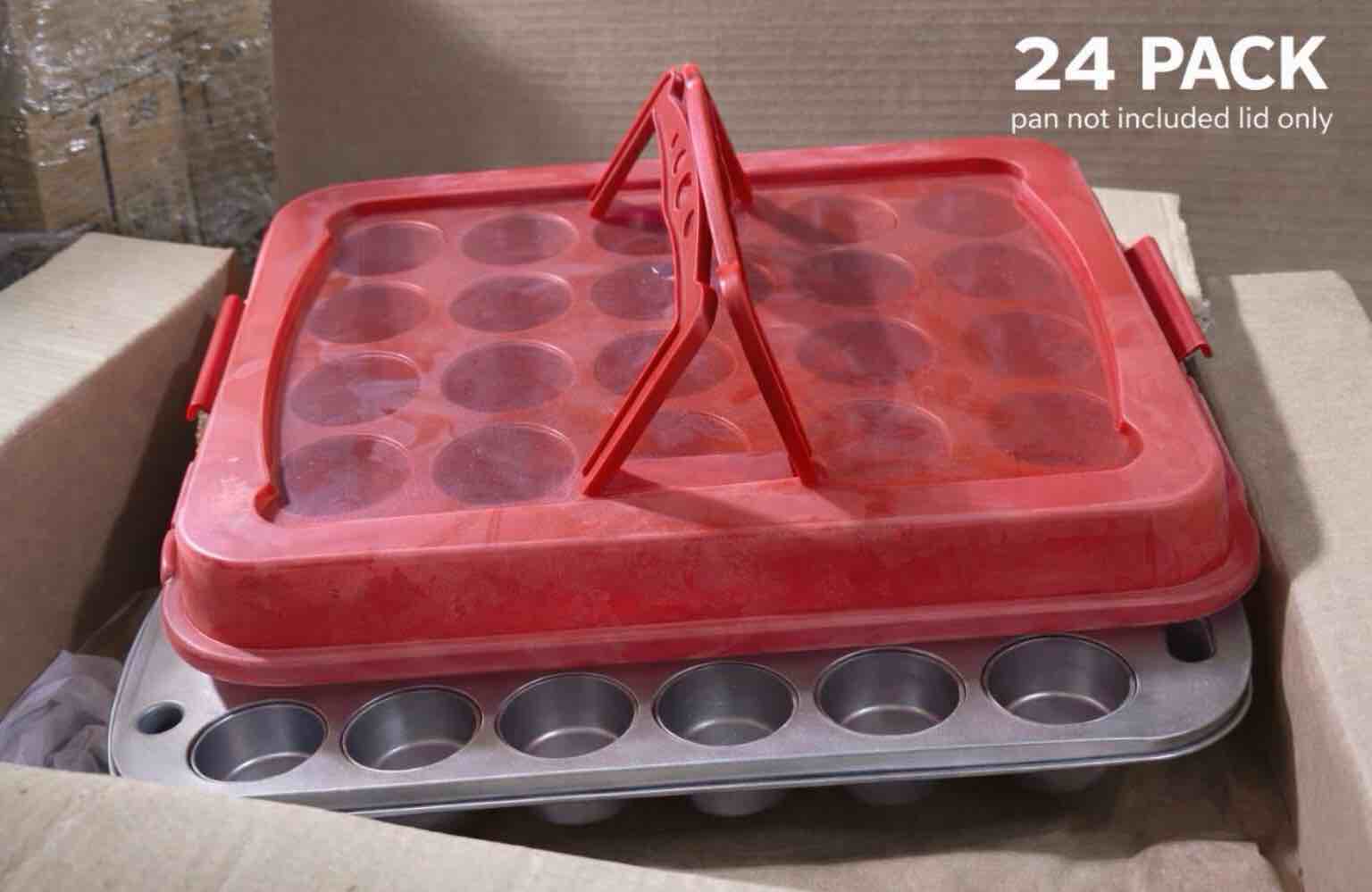 Condition photo showing As Is for (Only lids) case of 24 cake pan lid with handle 11” x 14” (assorted colors) 
