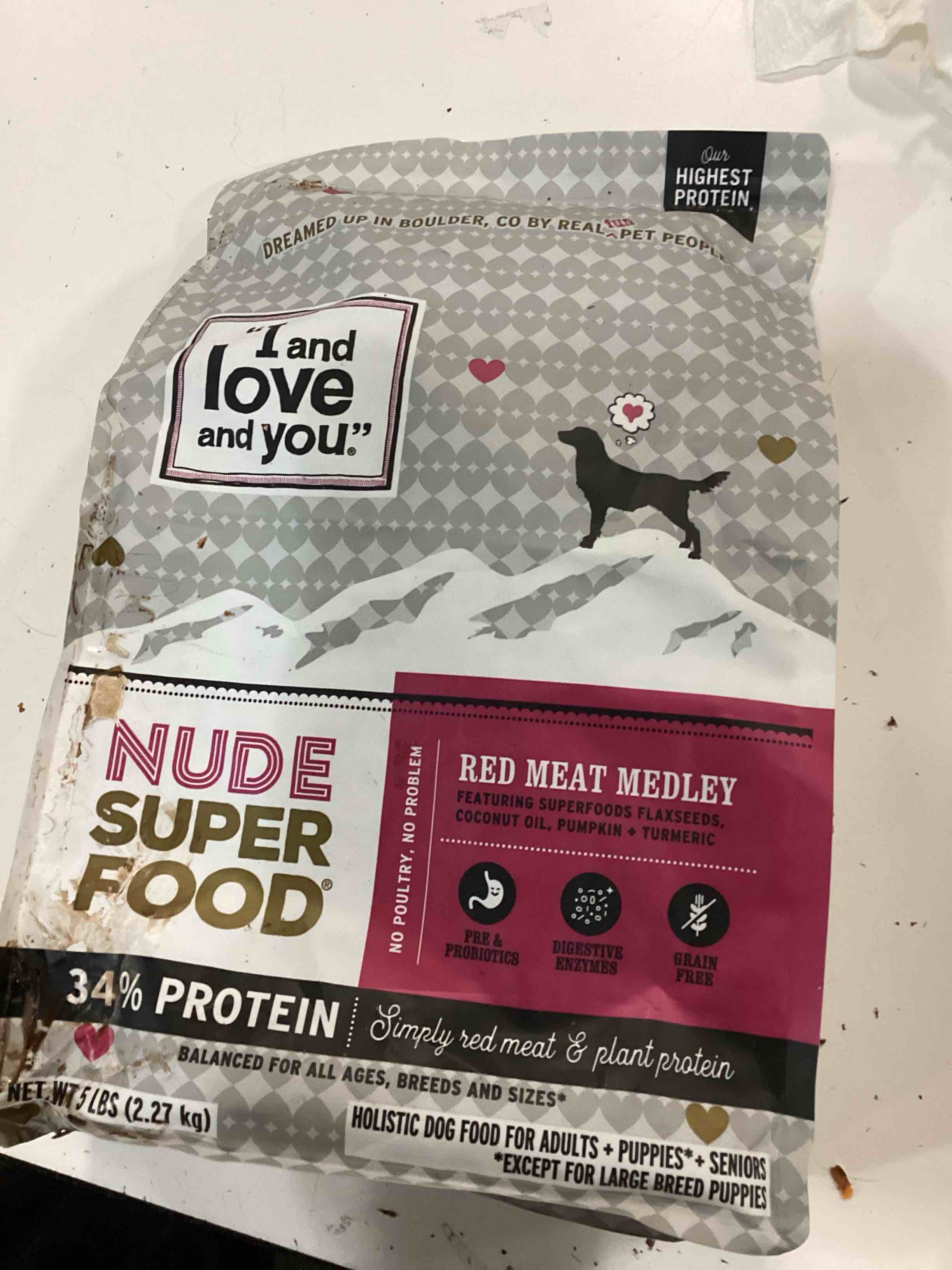 Condition photo showing New/Like New for (best by:03/12/2026) I and love and you Nude Super Food Dry Dog Food - Red Meat Medley - Prebiotic + Probiotic, Grain Free, Real Meat, No Fillers, 5lb Bag Red Meat Medley 5 Pound (Pack of 1)