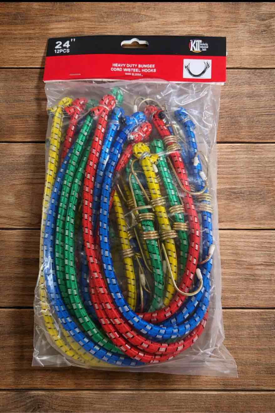 12 Pack of 24 inch heavy duty bungee cords with steel hooks.