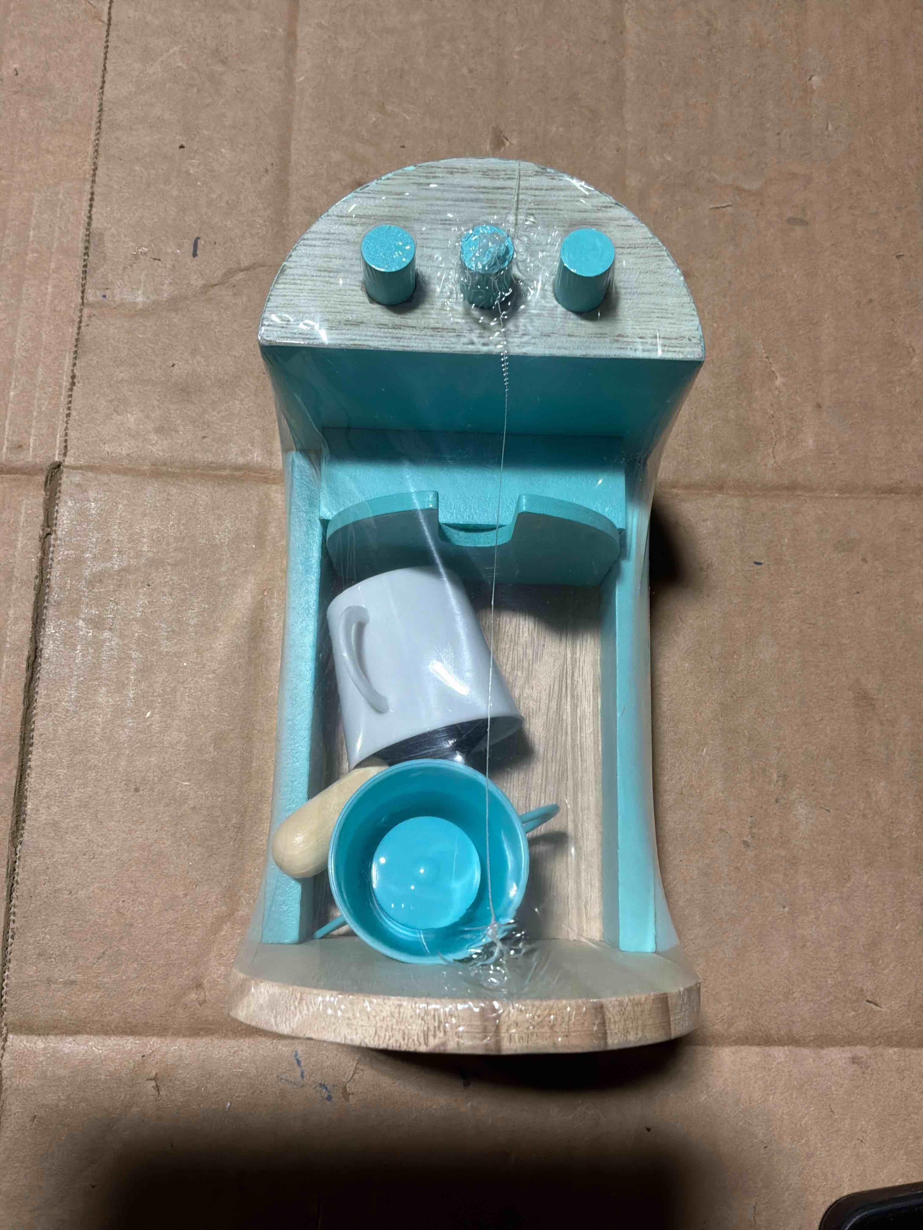 Condition photo showing New/Like New for Toy wood coffee maker, a 4 piece simulation game set that is part of target bullseye playground line
