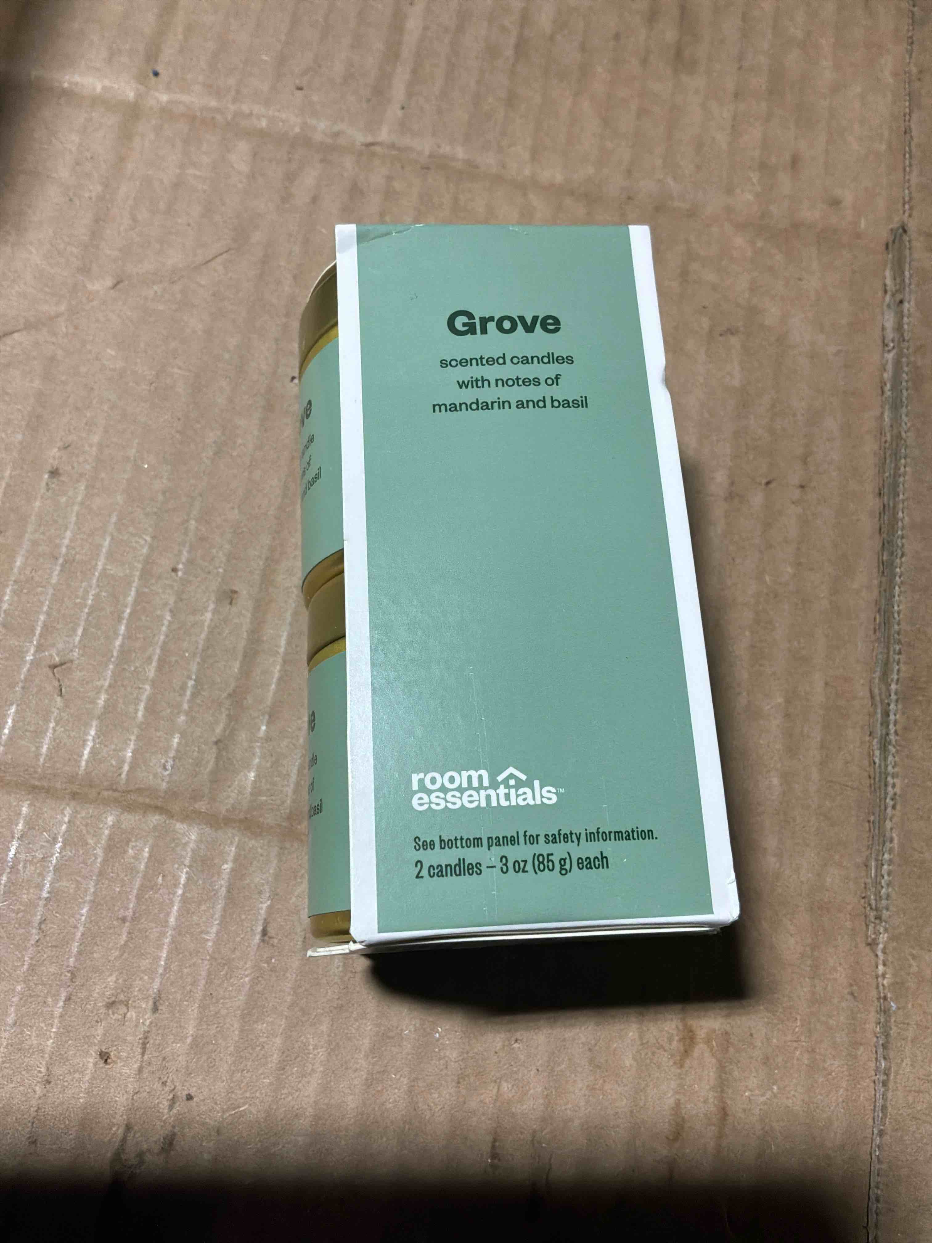 Condition photo showing New/Like New for 2pk 3oz Tin Gift Set Gove - Room Essentials™: Soy Wax Blend Candles, Mandarin Basil Scent, Housewarming Gift