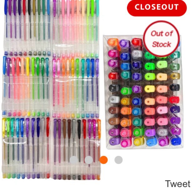 Condition photo showing New/Like New for 60-Pack Gel Pen Set, featuring an exciting variety of glitter, neon, metallic, pastel, and classic colors