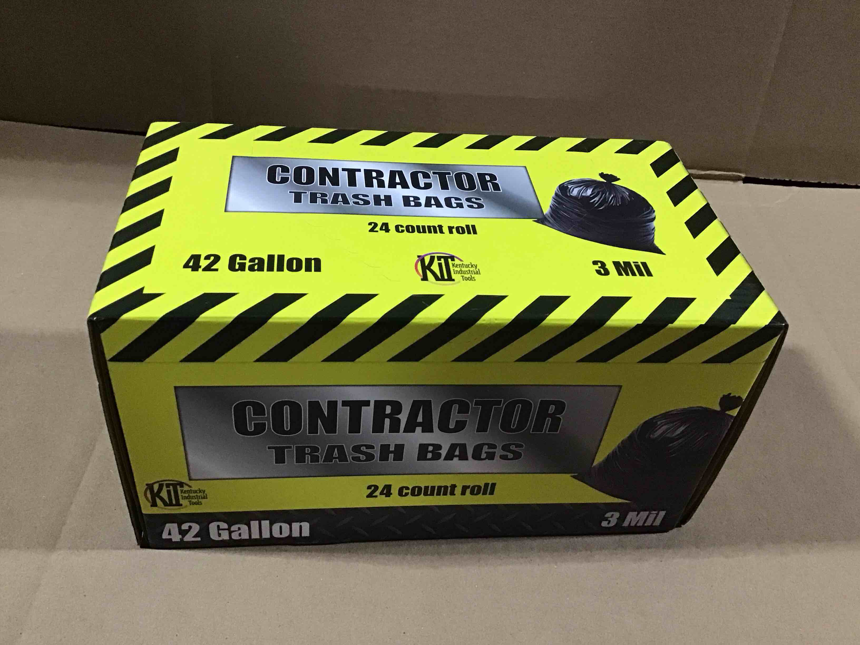 Condition photo showing Brand New for 24 count 42 gallon contractor, trash bags, three Mill