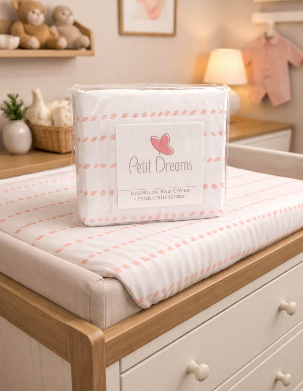 Petit Dreams Changing pad Cover Pink Grid Lines