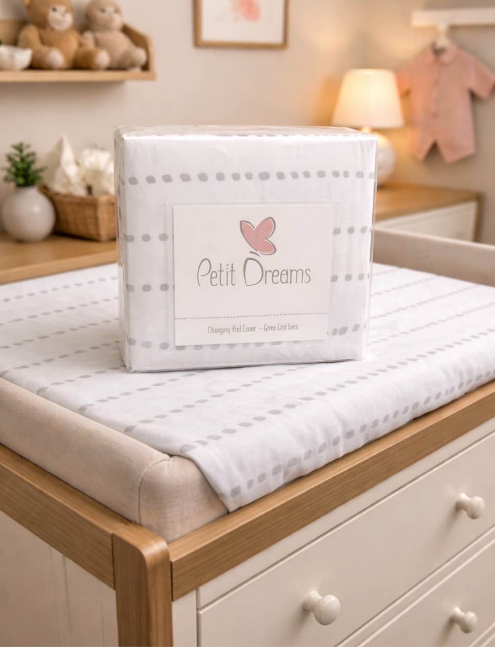 petit dreams changing pad cover grey grid lines