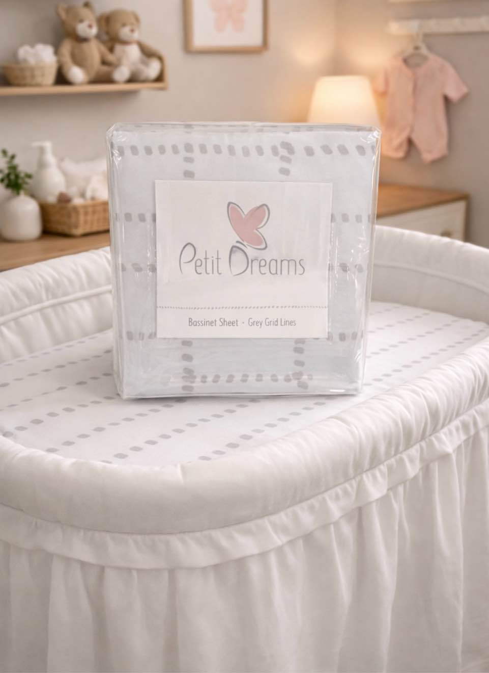 petit dreams bassinet sheet grey grid lines