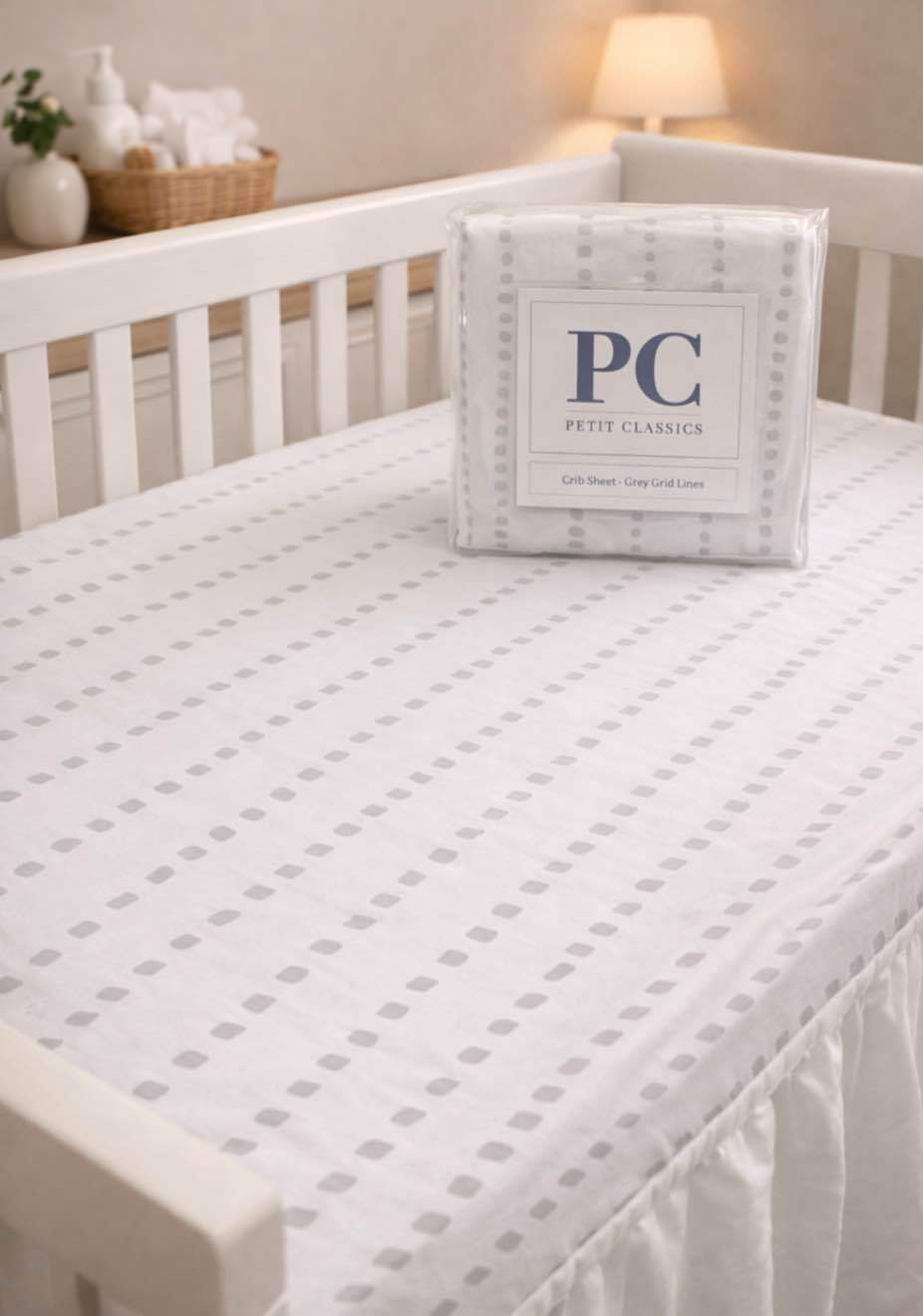 Petit Classics Crib Sheet Grey Grid Lines 