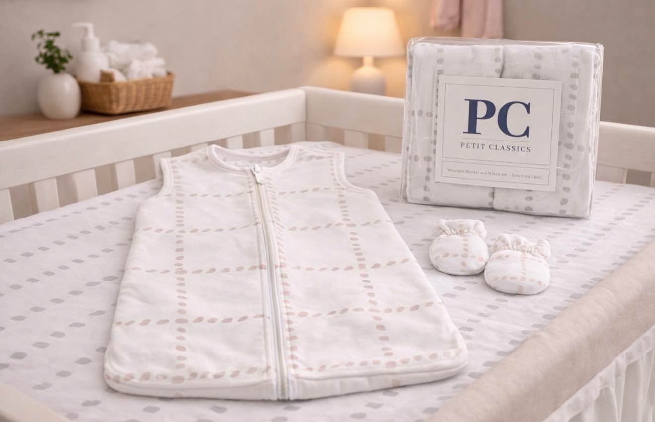 Petit Classics Wearable Blanket and mitten set Grey Grid Lines