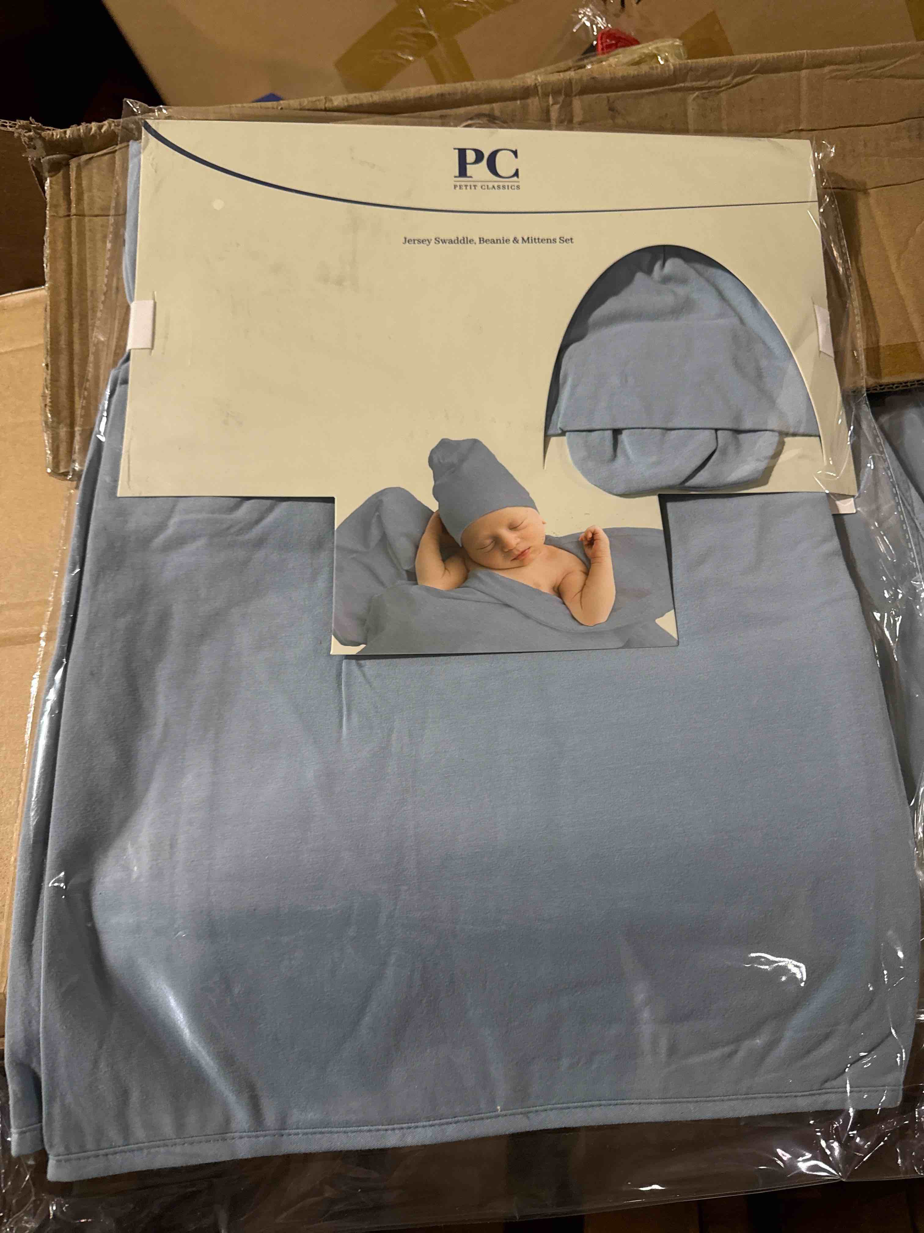 Condition photo showing Brand New for Petit Classics, Swaddle Blanket with Matching Beanie Hat and Mittens Set, Jersey Cotton â€“ Dusty Blue 0-3 Months