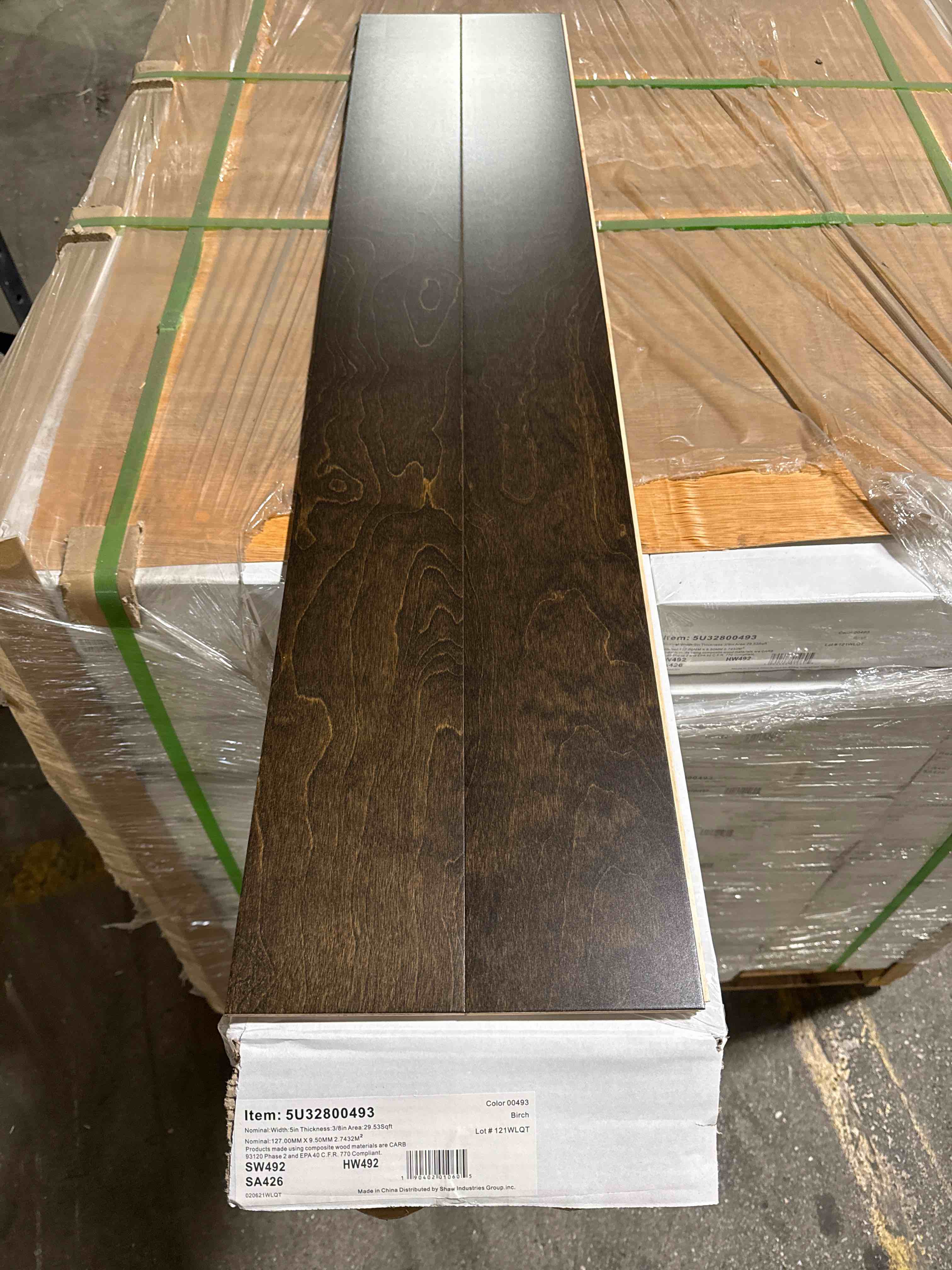 Condition photo showing Brand New for Engineered flooring Birch 5 inch width (29.53 sq ft/ box) 40 boxes - bid per sq ft