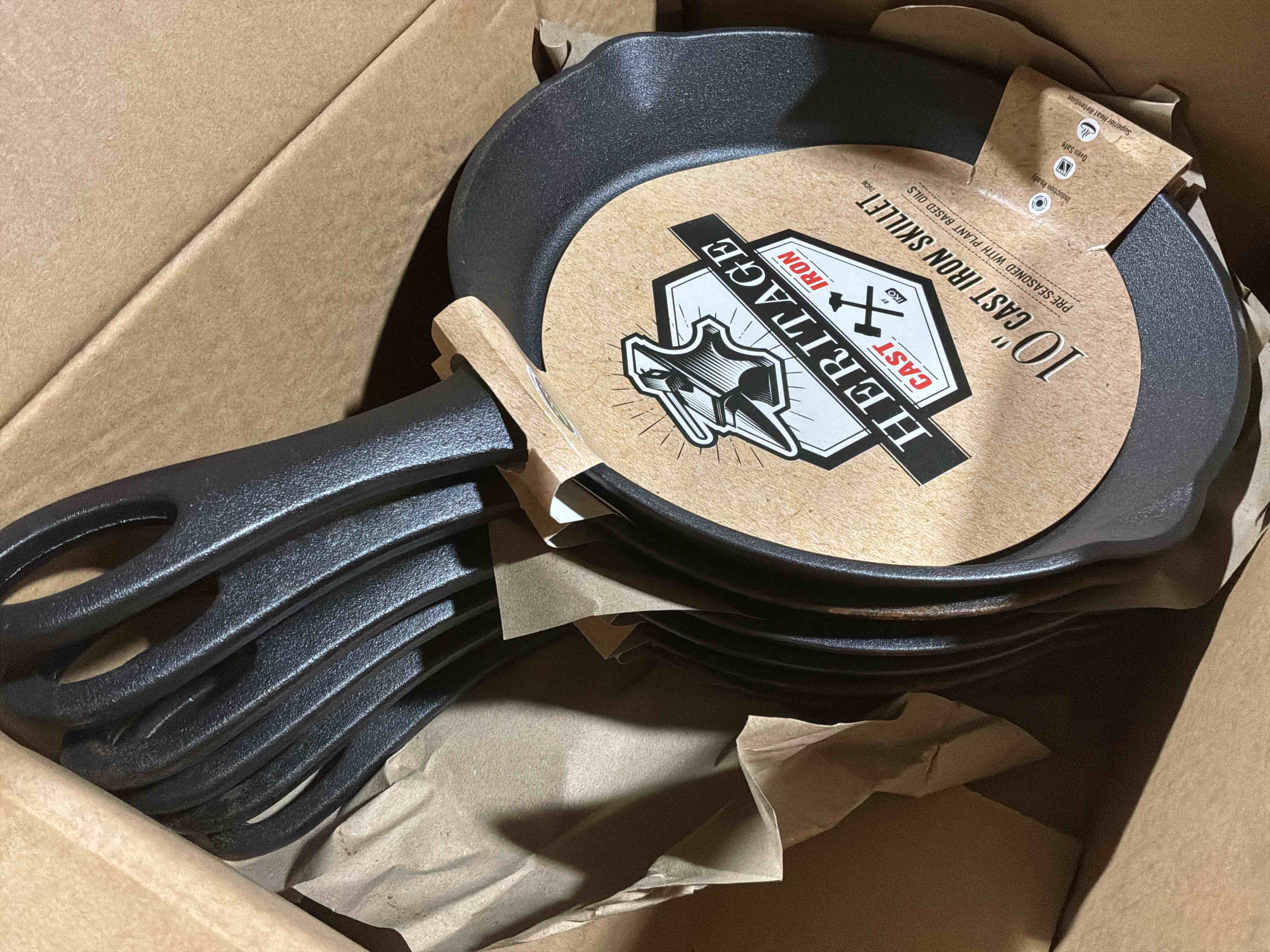 Condition photo showing As Is for Box of 6 Heritage Cast Iron 10” Cast Iron Skillet 