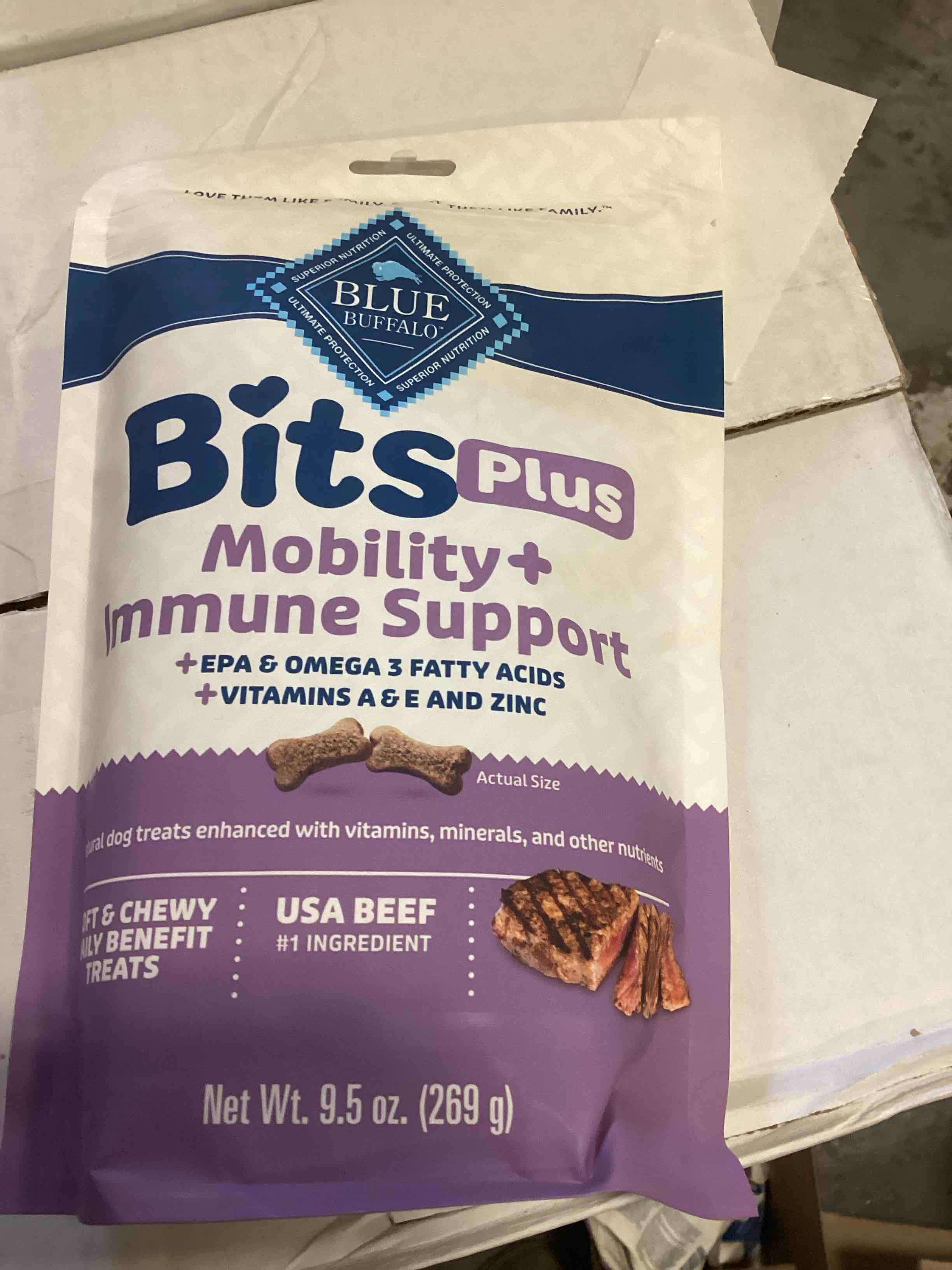 Condition photo showing New/Like New for (best by 2026JUL21) Blue Buffalo Functional Bits Mobility and Immunity Beef Flavor Chewy Dog Treats - 9.5oz