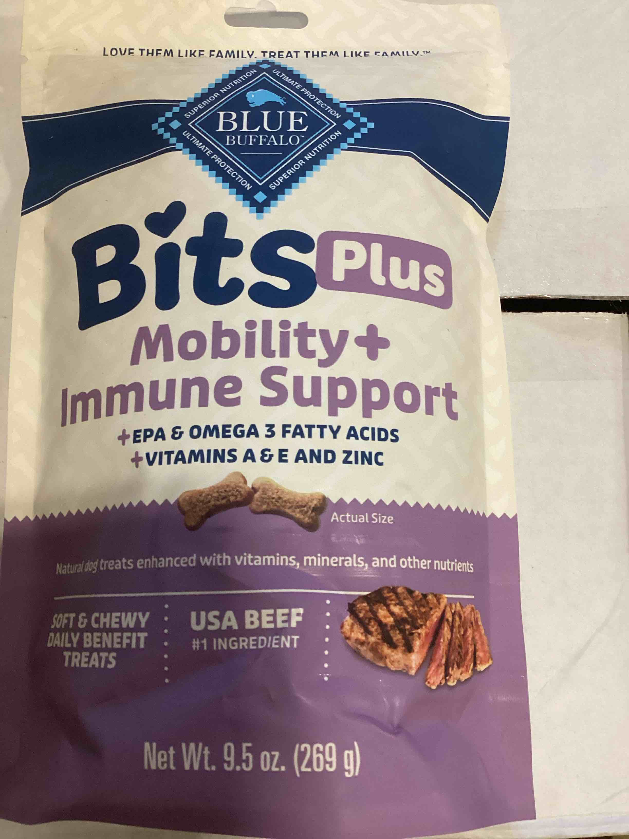 Condition photo showing New/Like New for (best by 2026 APR 23)Blue Buffalo Functional Bits Mobility and Immunity Beef Flavor Chewy Dog Treats - 9.5oz