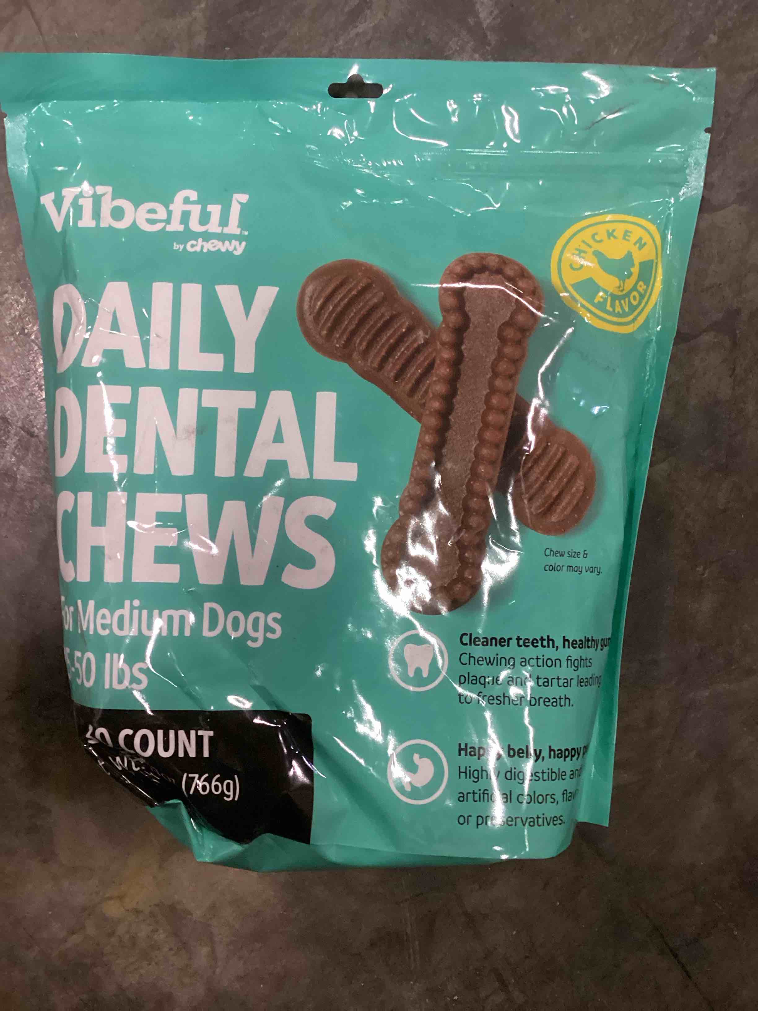Condition photo showing New/Like New for (Best by MAR 08/2026) DAILY DENTAL CHEWS For Medium Dogs 25-50 lbs+ 30 COUNT 766g  Vibeful Medium Daily Dental Chews for Dogs, Chicken Flavor