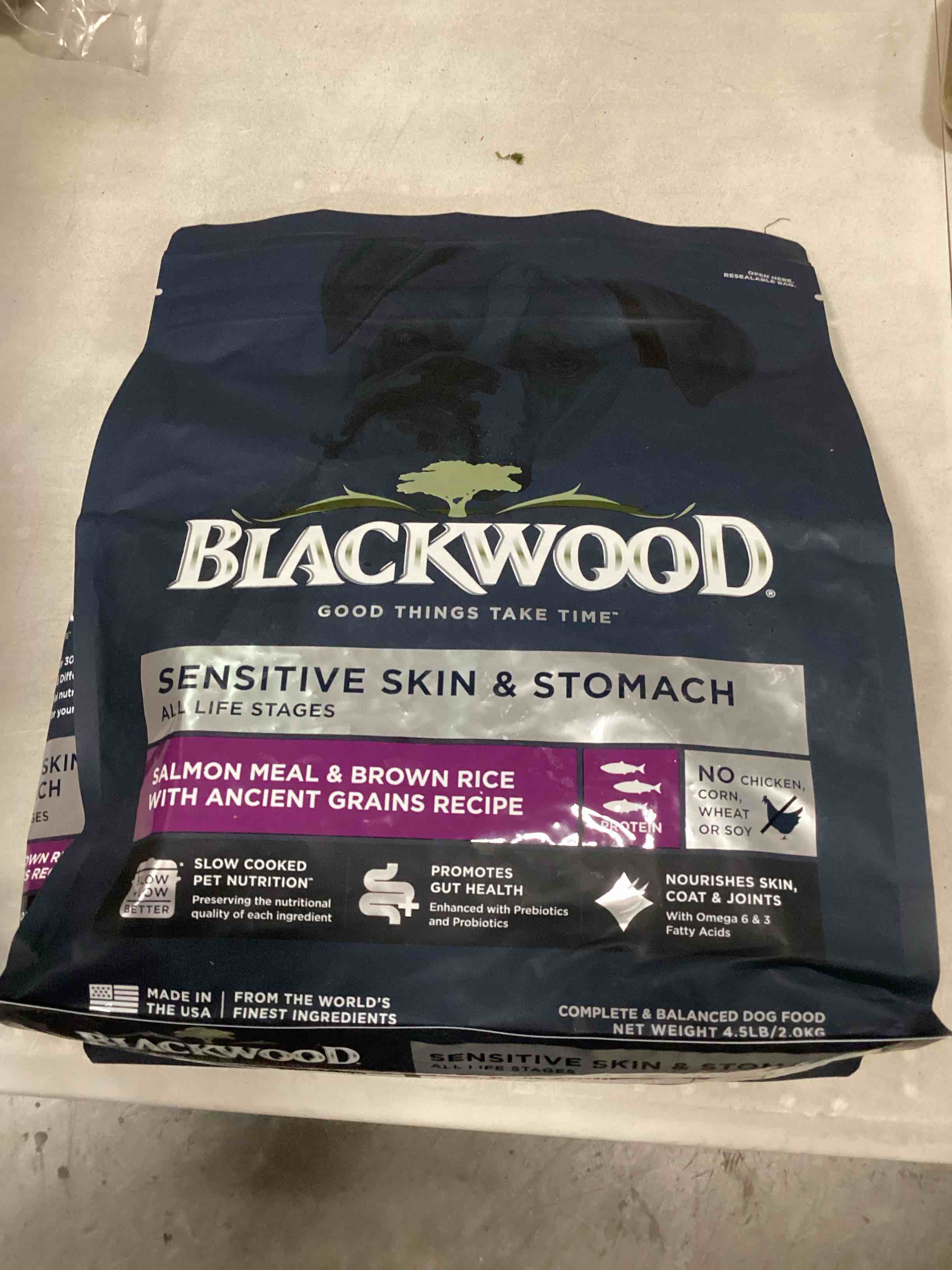 Condition photo showing New/Like New for (best by date 6/16/2026). Blackwood Sensitive Skin & Stomach Adult Salmon Meal & Brown Rice with Ancient Grains Dry Dog Food, 4.5-lb bag
