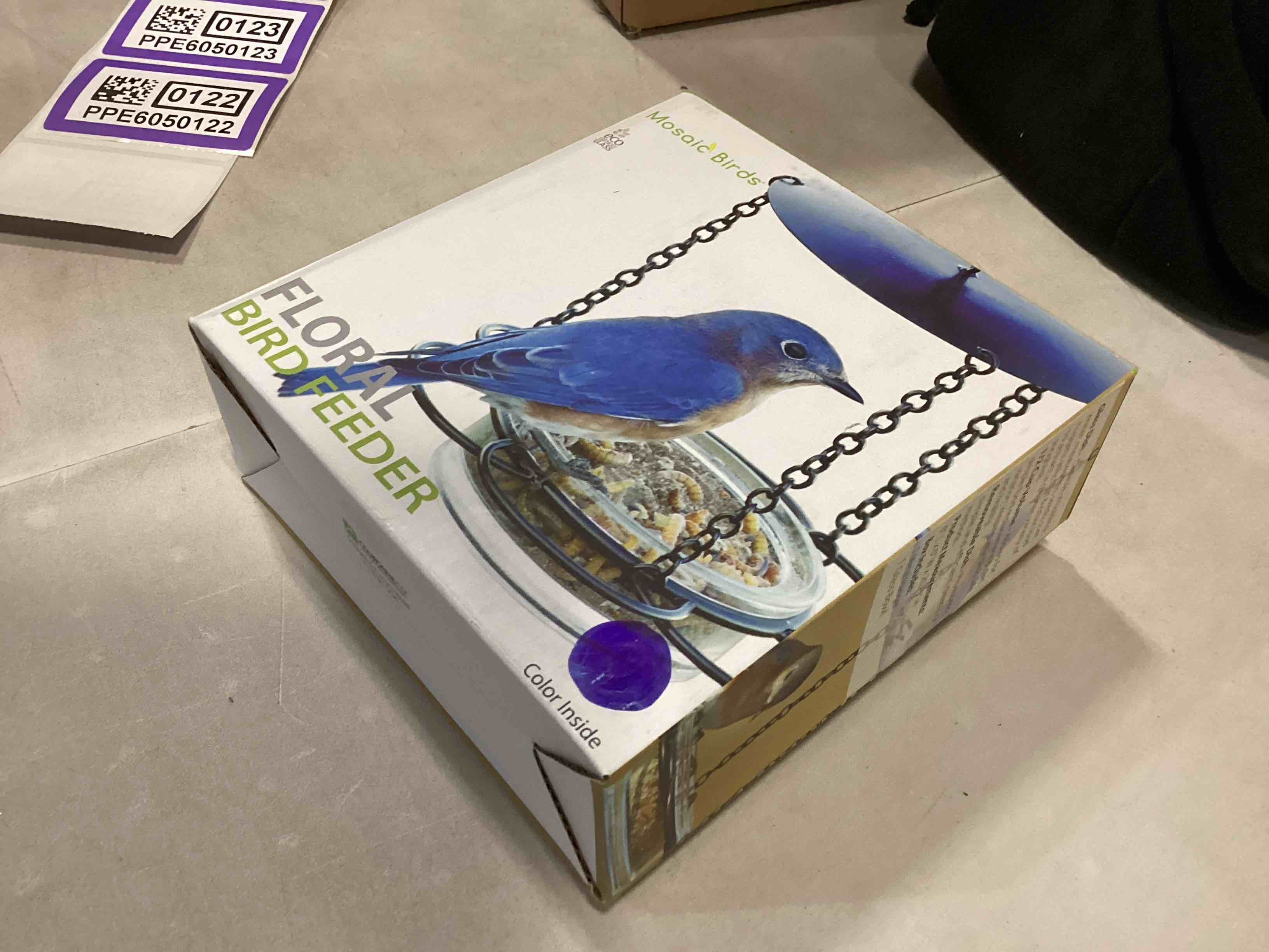 Condition photo showing New/Like New for Mosaic Birds M446-200-15 Floral Bird Feeder Cobalt Blue, 1 Piece