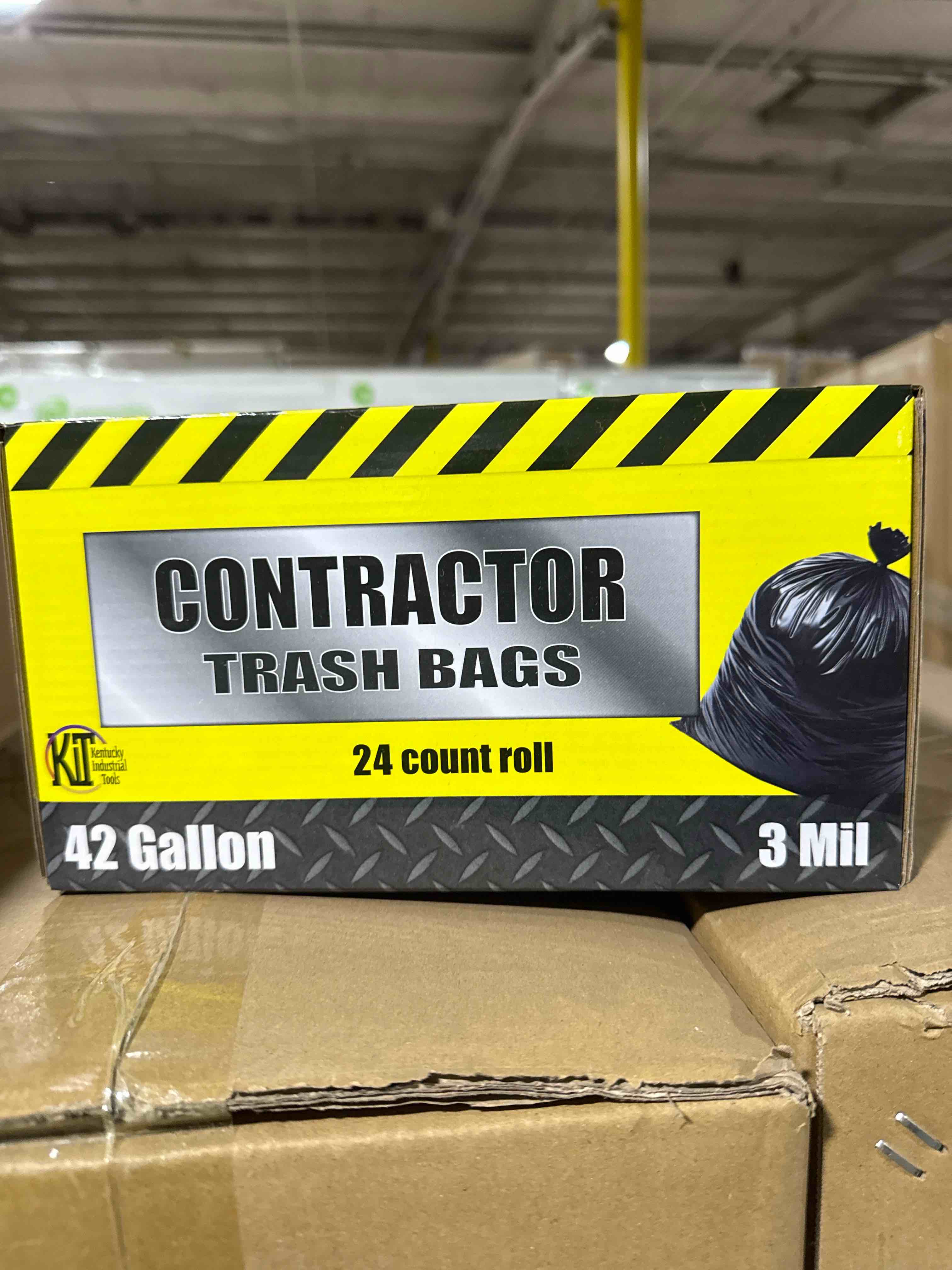 Condition photo showing Brand New for 24 count 42 gallon contractor, trash bags, three Mill