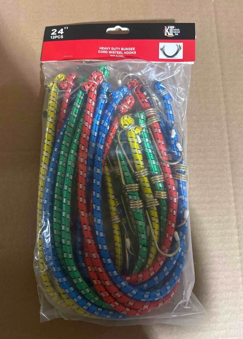 Condition photo showing Brand New for 12 Pack of 24 inch heavy duty bungee cords with steel hooks.