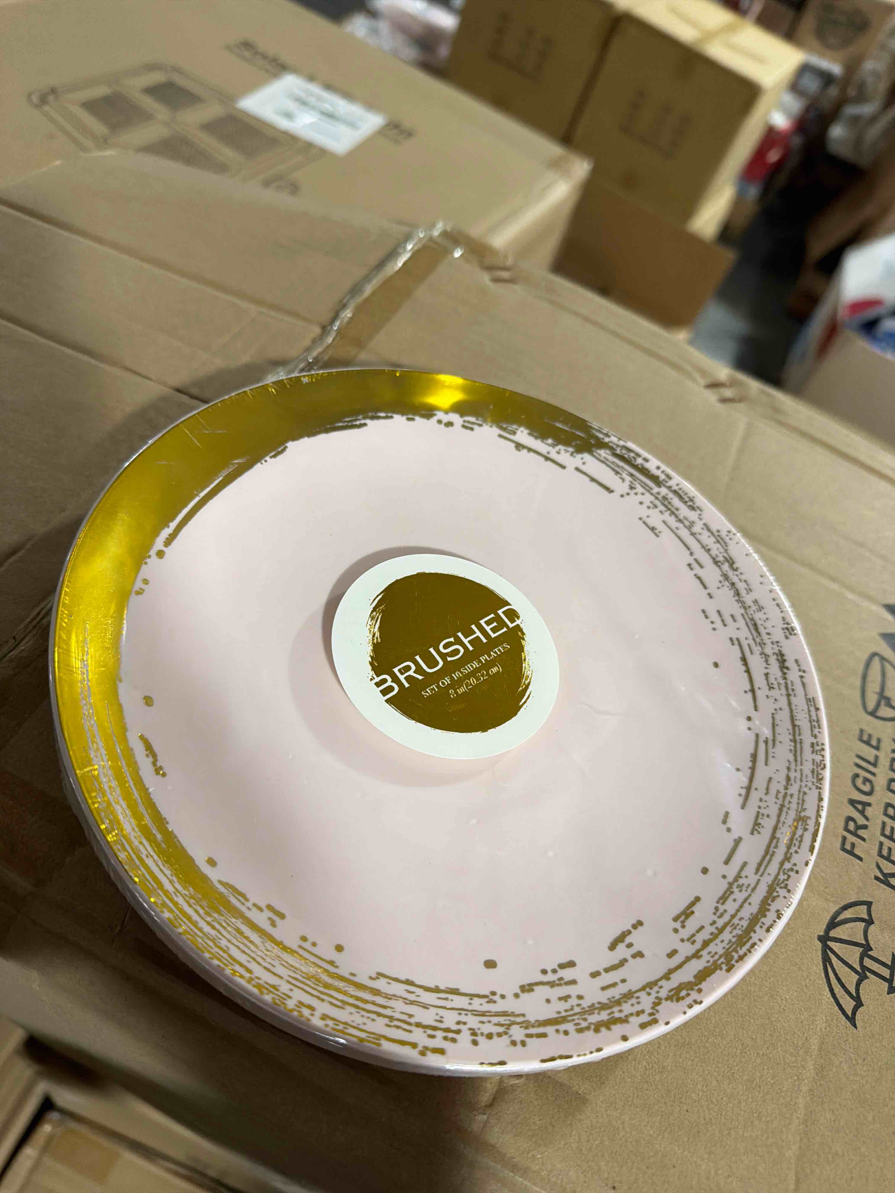 Condition photo showing Brand New for SILVER SPOONS Gold Brush Stroke Rimmed Plastic Dessert Plates for Party (10 PC) Heavy Duty Disposable Dinner Set 7.5", Fine China Look Dishes for Baby Showers, Celebrations & Events - Blush