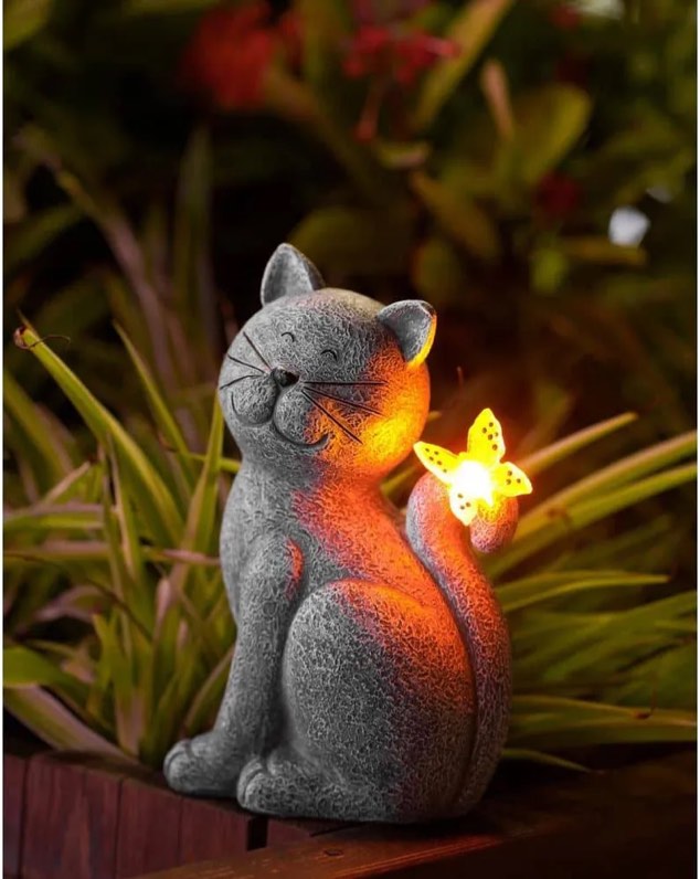Goodeco Solar Cat with Butterfly for Garden Statues Yard Art Lawn Ornaments Porch Balcony Home