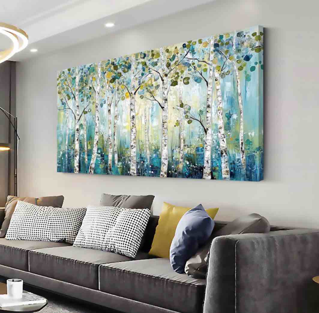 LASMOND Abstract Teal Grove Canvas Paintings Prints Modern Tree Wood Artwork Decor Wall Art for Living Room Bedroom Offices (58x28 Inches)