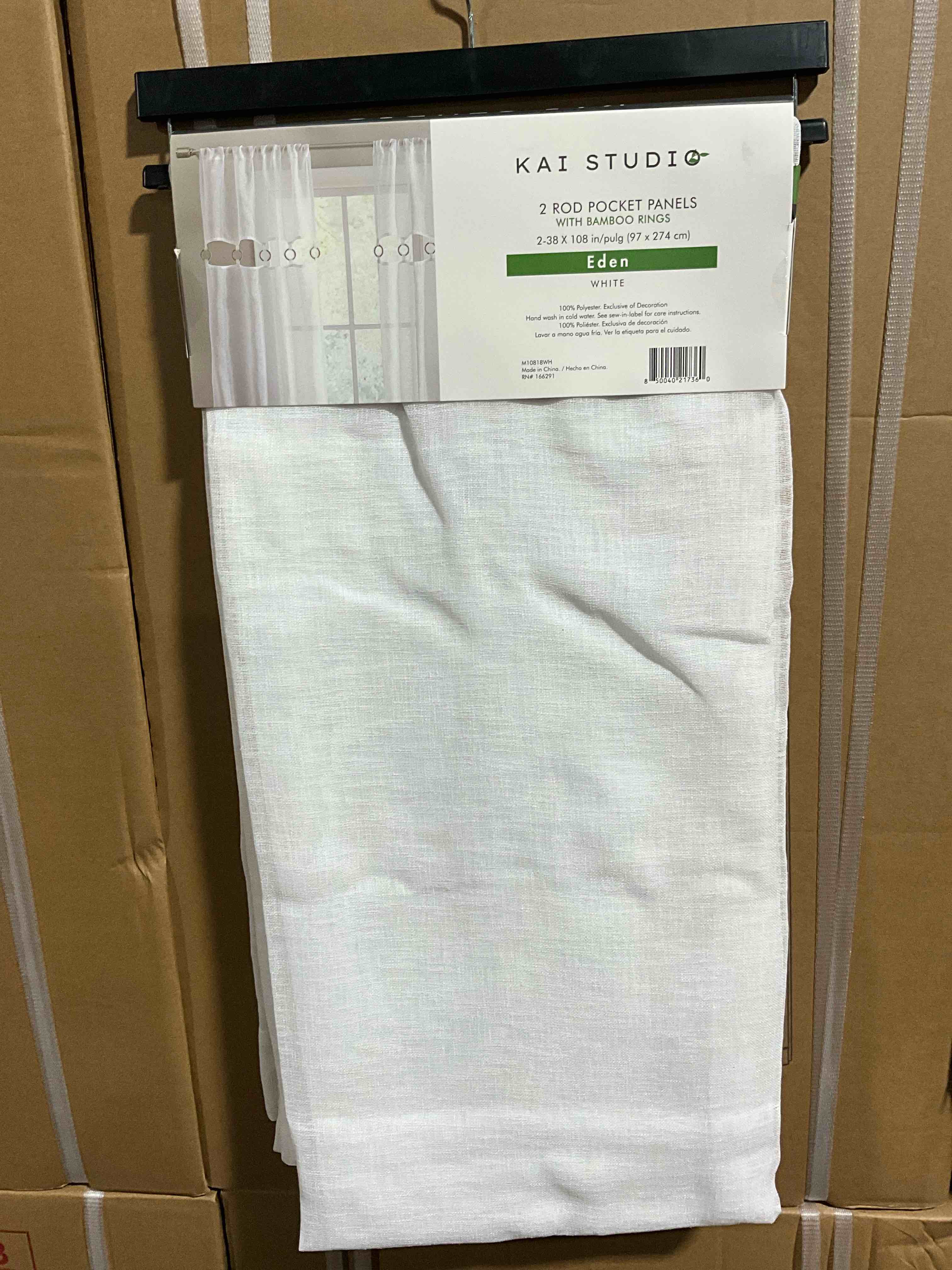 Condition photo showing New/Like New for Kai Studio 2 Rod Pocket Panels with Bamboo Rings, Eden White 38” x 102” 