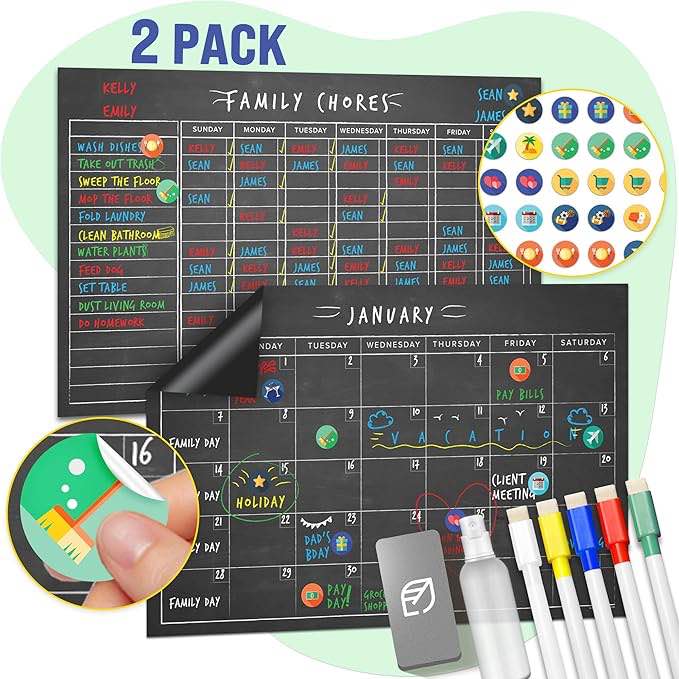 Lush Leaf Magnetic Chore Chart & Calendar Set - 11" x 17", Weekly Menu Board & Meal Planner for Refrigerator - Reusable Dry Erase, Includes Markers & Eraser