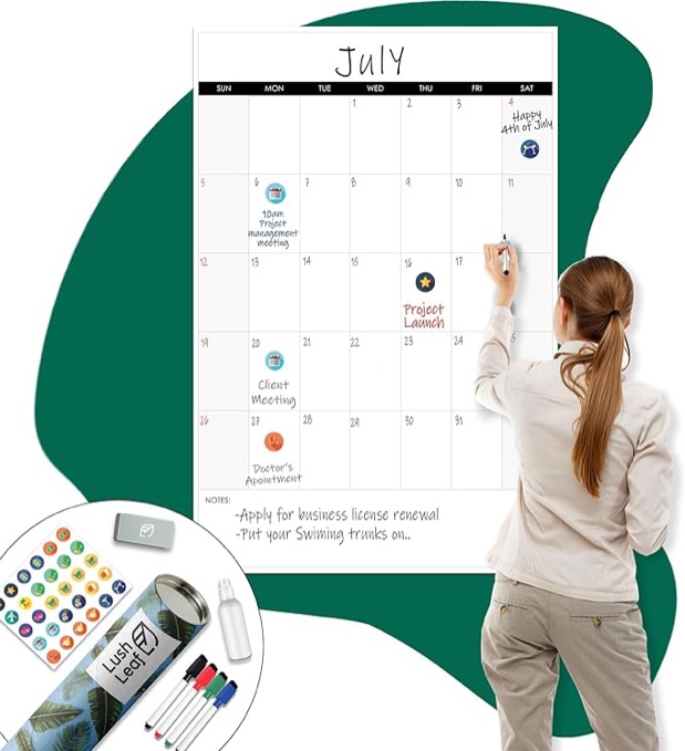 Lush Leaf Large Calendar Whiteboard for Wall, 24" x 36" - Dry Erase, Undated, Monthly, Reusable - Jumbo Wall Calendar for Home, Office & Classroom, Includes Markers, Eraser & Accessories