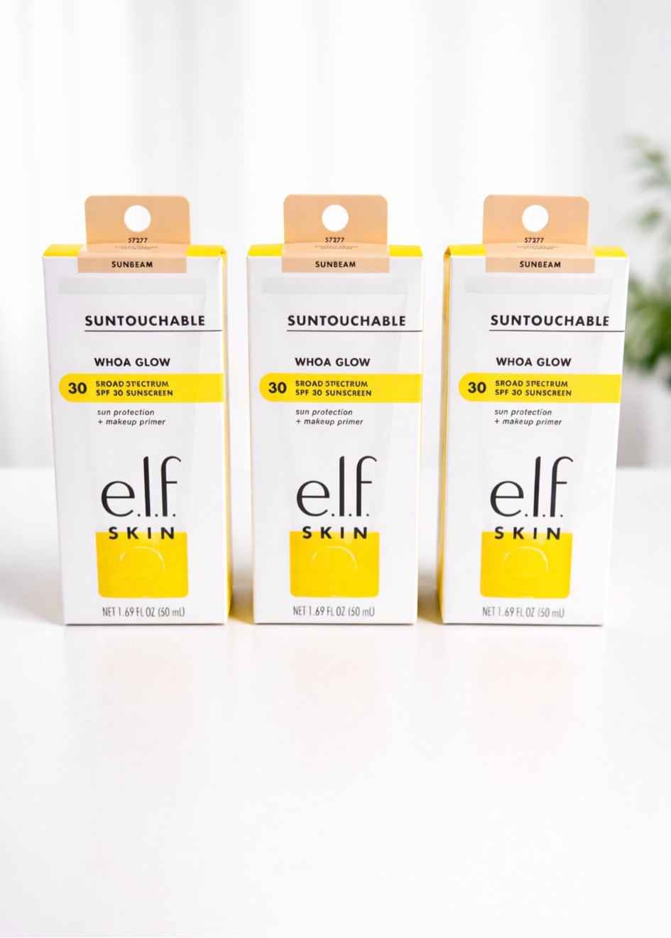 lot of 3 e.l.f. SKIN Suntouchable Whoa Glow SPF 30, Sunscreen & Makeup Primer For A Glowy Finish, Made With Hyaluronic Acid, Vegan & Cruelty-Free, Packaging May Vary, Sunbeam