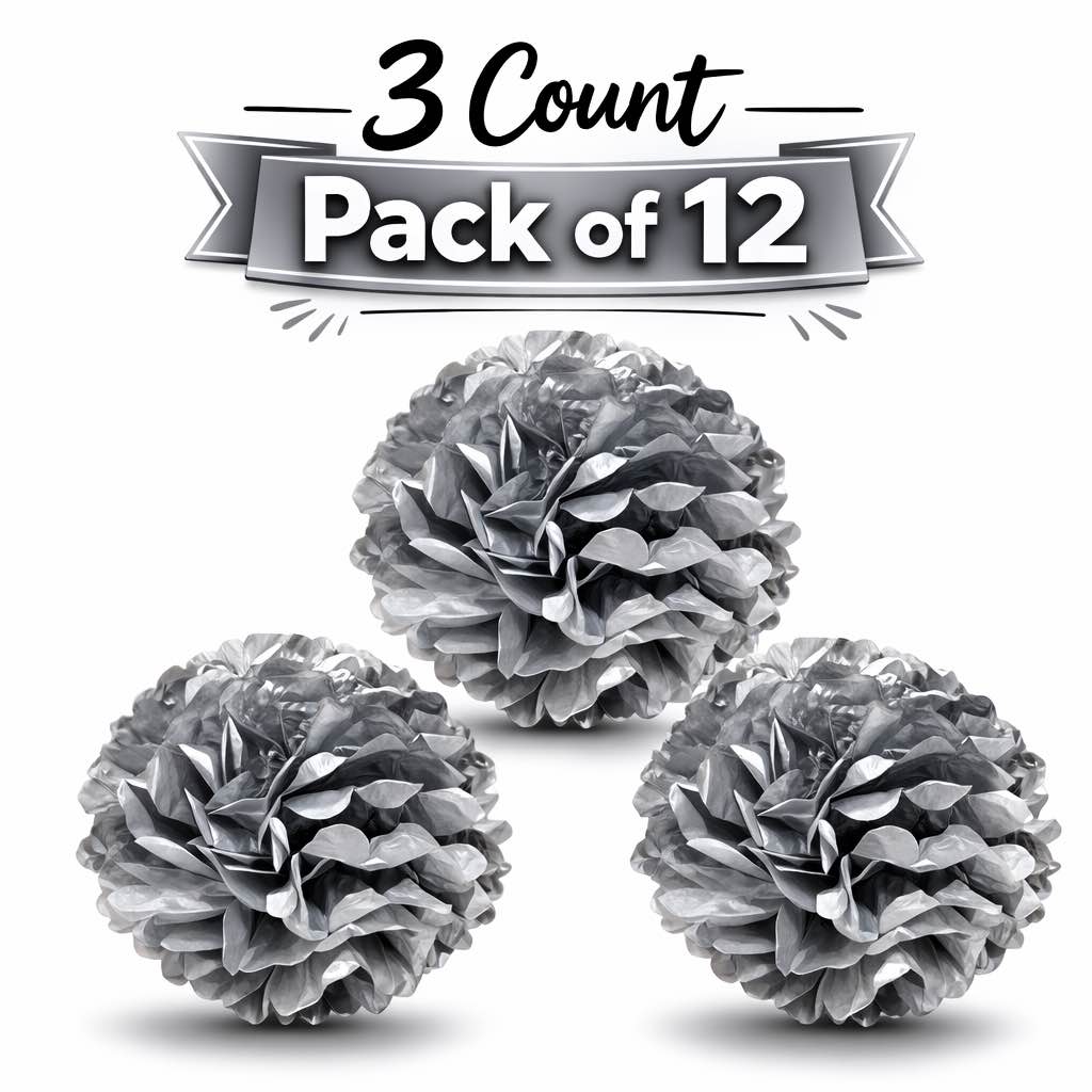 pack of 12 tissue paper pom poms  9 in  silver  3c