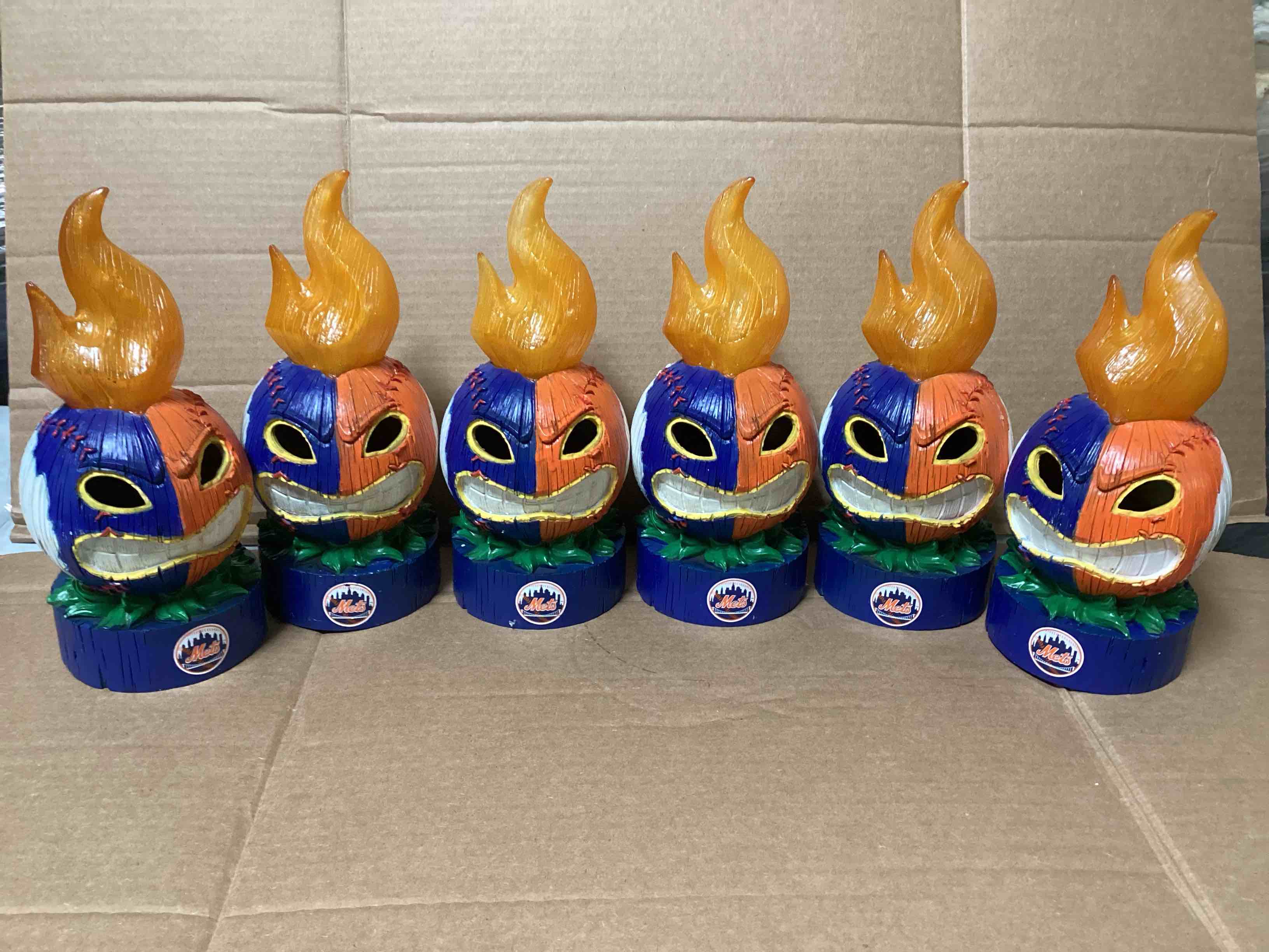 Case of 6 New York Mets 11.5in Statue Lit Tiki Baseball, Outdoor Safe Light Up
