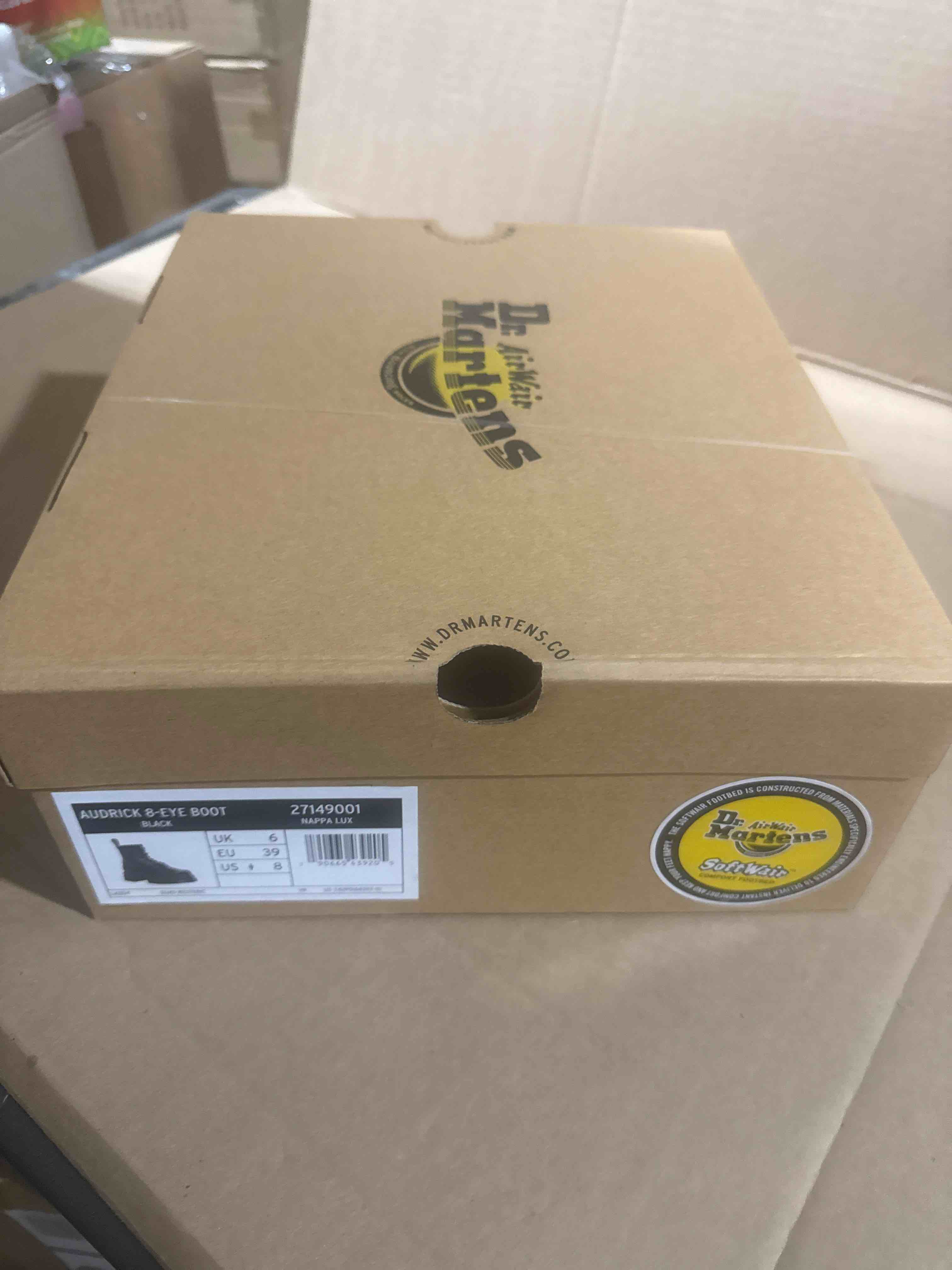 Condition photo showing Brand New for size  8 dr. martens women's audrick 8-eye boot combat, black nappa lux