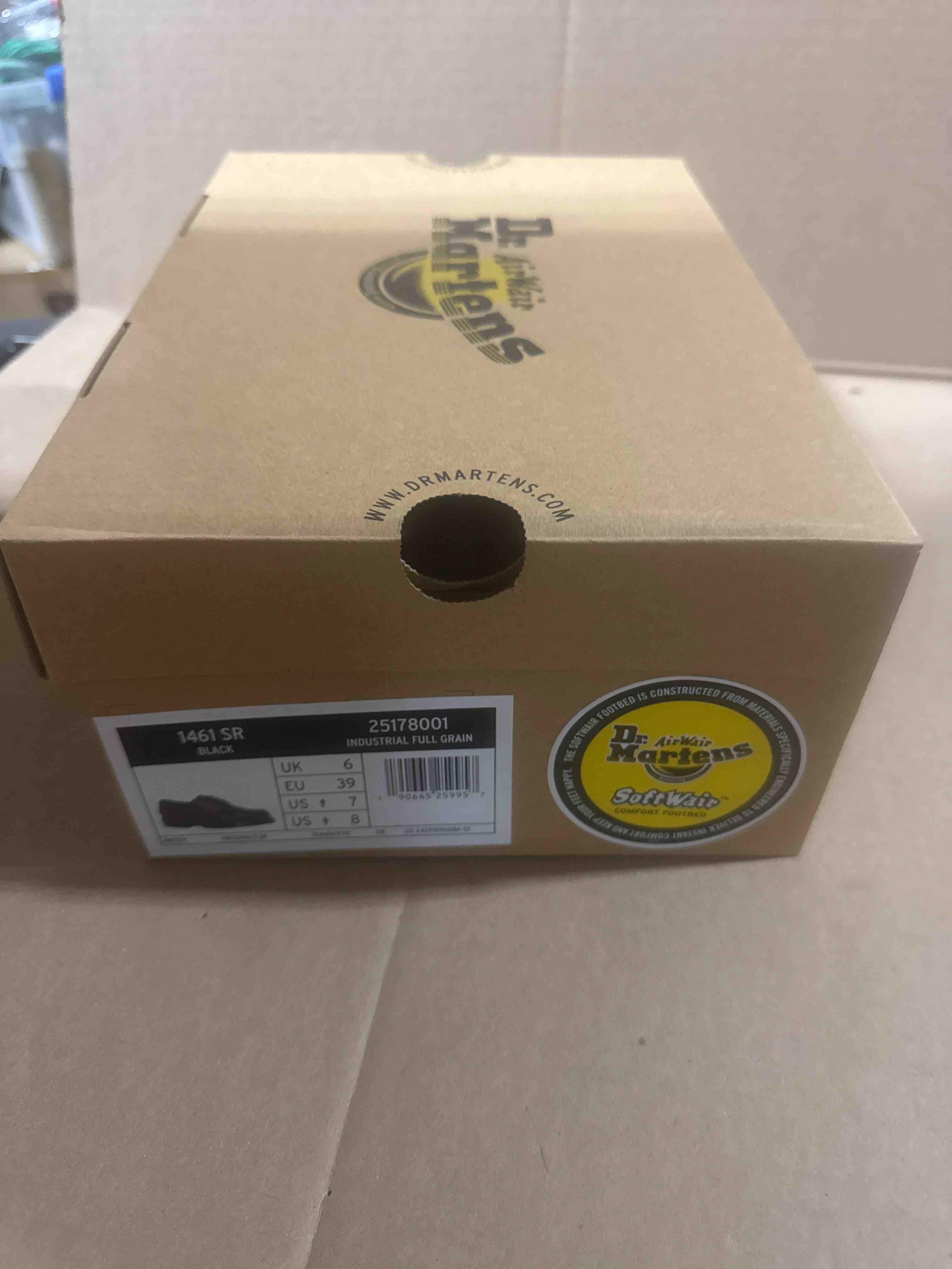 Condition photo showing Brand New for size (men’s 7/ women’s 8) dr. martens women's audrick 8-eye boot combat, black nappa lux