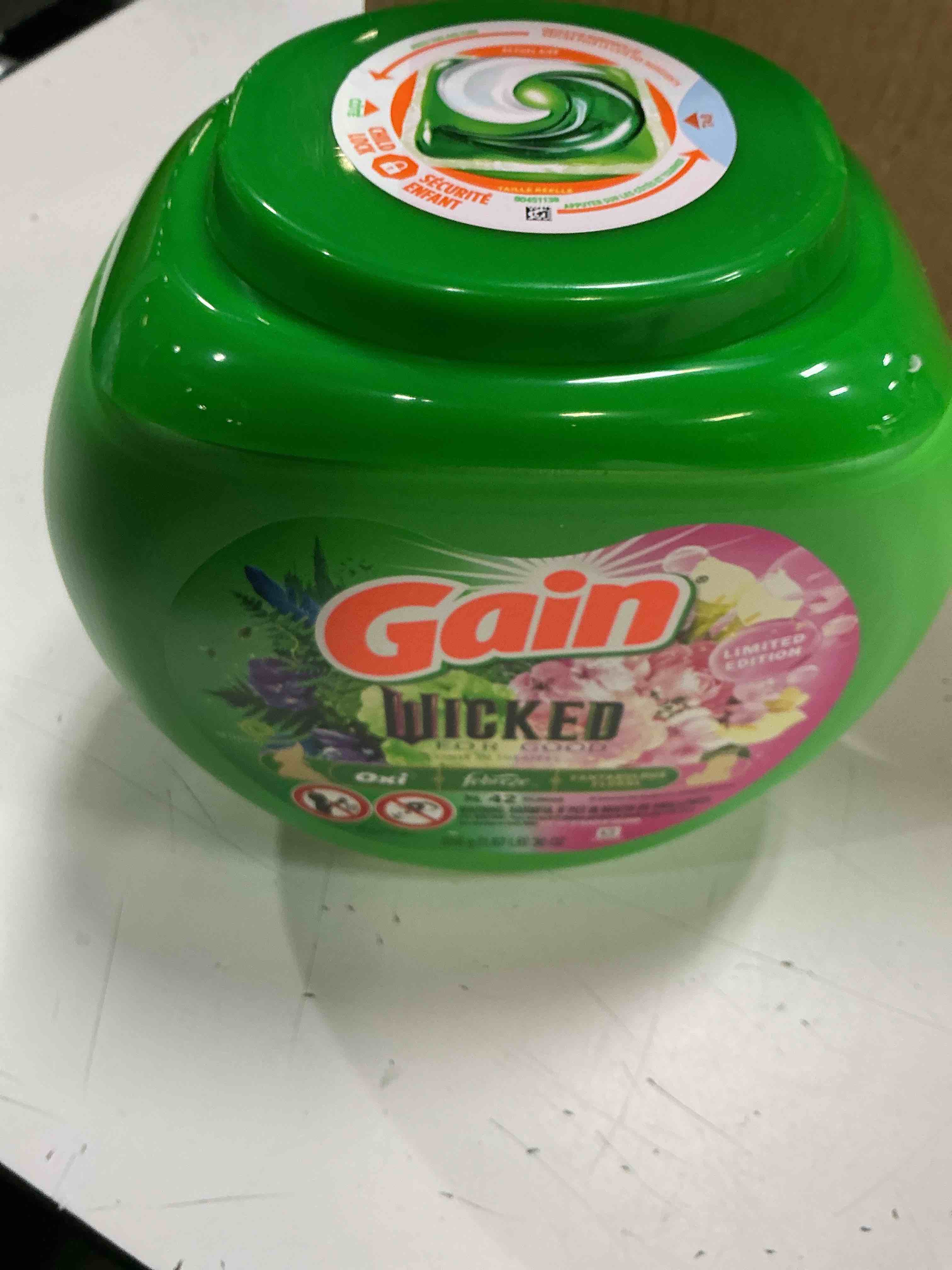 Condition photo showing New/Like New for gain flings! "wicked: for good" limited edition laundry detergent pacs, 42 count, fantabulous floral scent, 3 in 1 he detergent pacs with oxi boost and febreeze