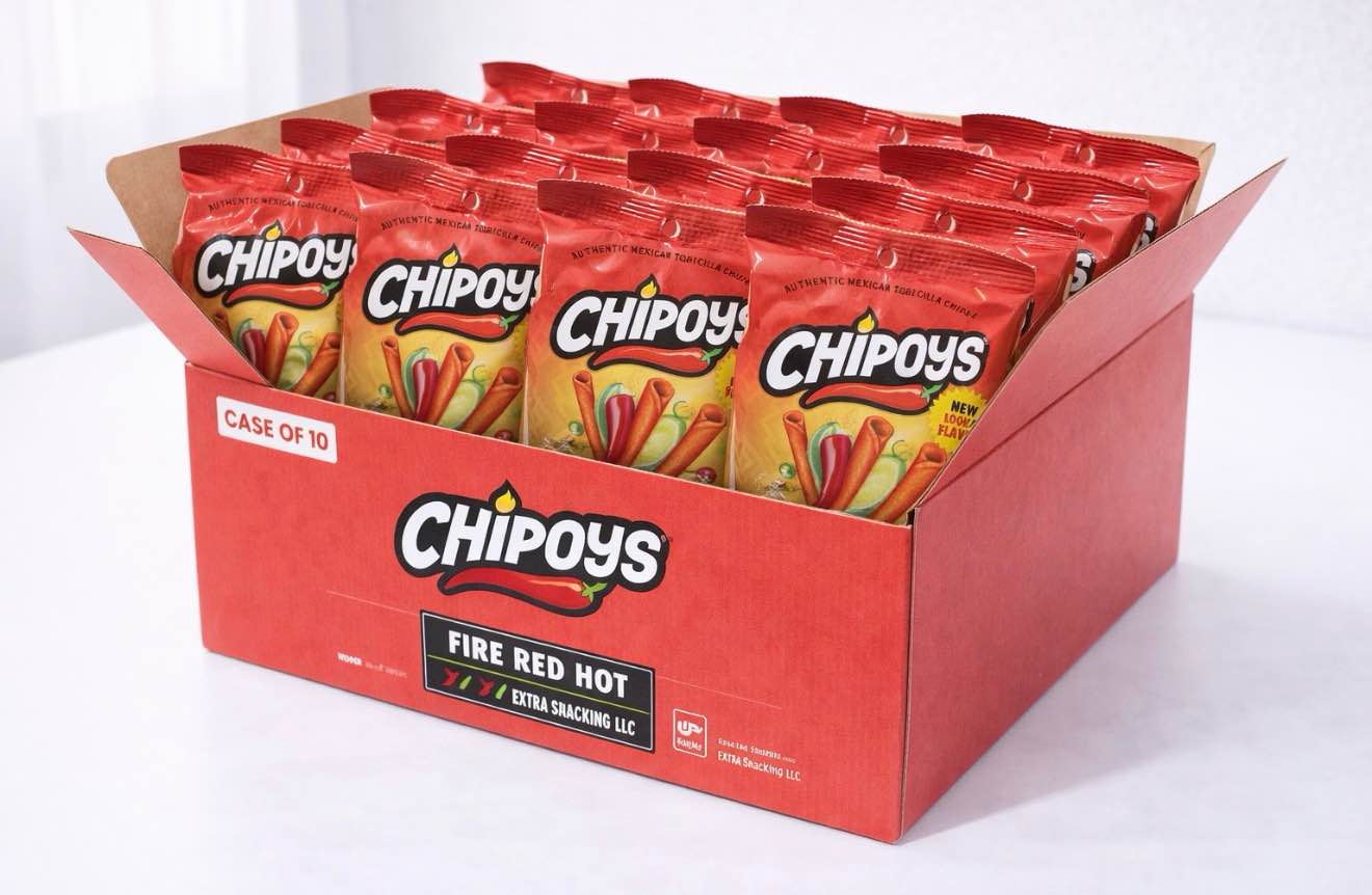 box of 10 bags Chipoys Fire Red Hot Spicy Rolled Corn Tortilla Chips, Gluten-Free, No Trans Fat, High Protein, Low-Calorie Flavorful Mexican Snacks, Made of Crunchy Maiz Chips with Natural Ingredients (BB 8.2025)