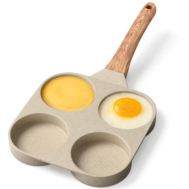 4 Cup Egg Pan with Wooden Handle, Non Stick Aluminum Alloy Frying Pan